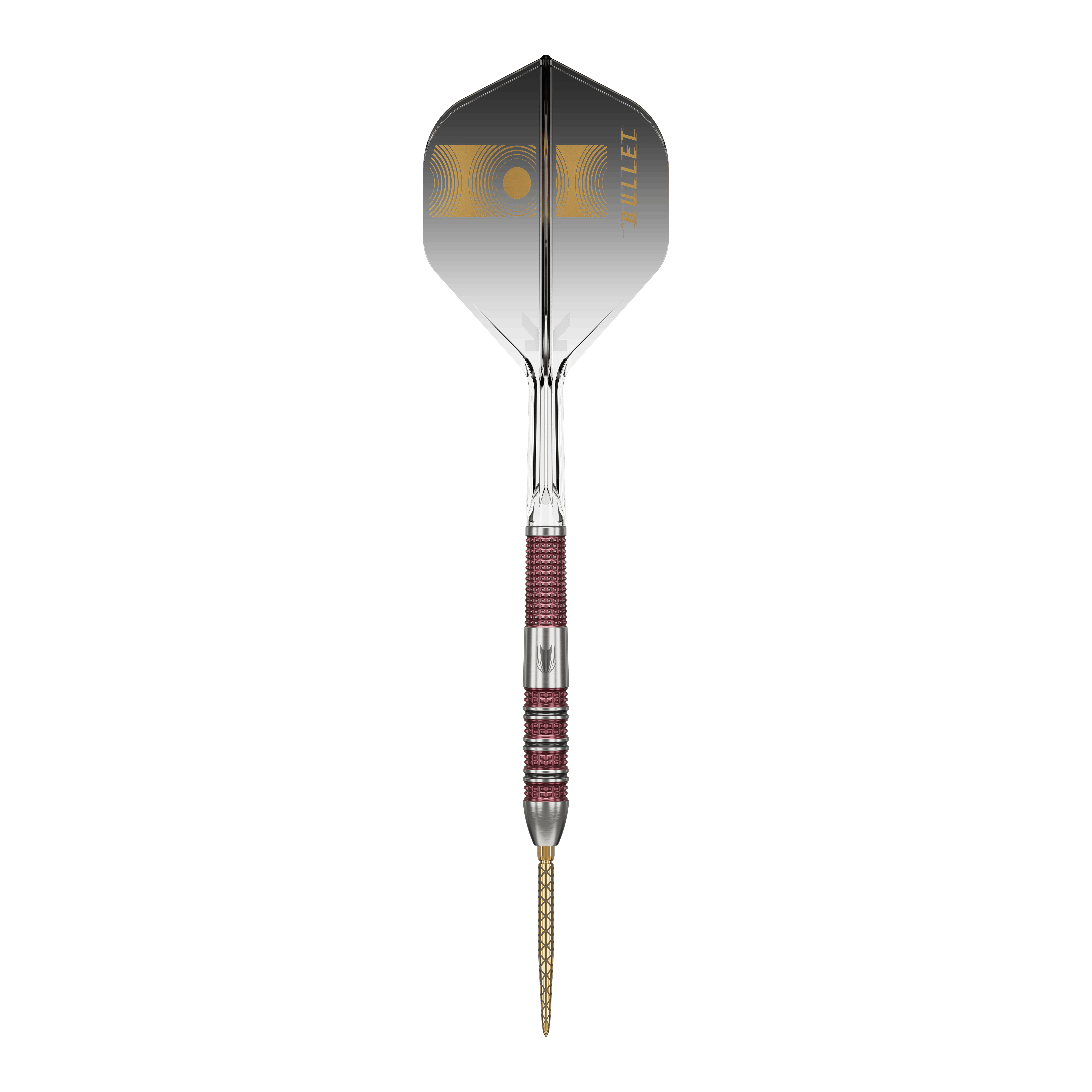 Das Bild zeigt einen Target Stephen Bunting 95K Swiss Point Steeldart. Der Dart hat ein elegantes Design mit einer Mischung aus silbernen und roten Elementen sowie einer schwarzen Flügel mit goldener Aufschrift.