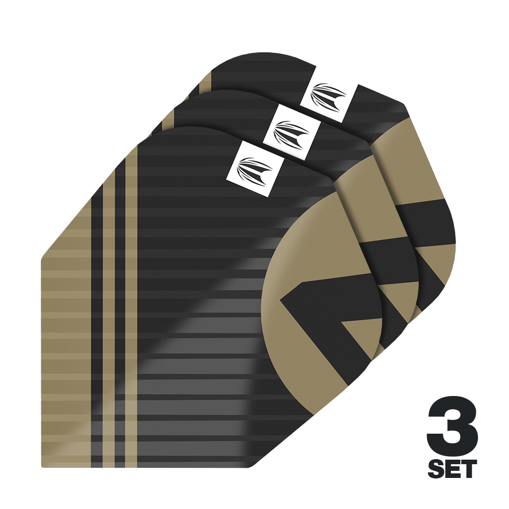 Target Pro Ultra Chicane Zwart No6 Flights - 3 sets Das Bild zeigt die "Target Pro Ultra Chicane Black No6 Flights" in einem schwarz-goldenen Design. Es sind insgesamt 3 Sets der Flights abgebildet.
