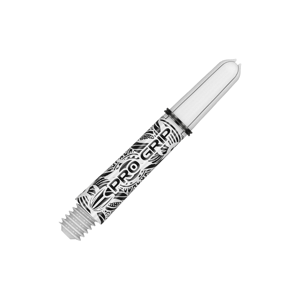 Dies ist ein weißer Dart-Schaft mit schwarzem Muster und der Aufschrift „PRO GRIP“. Er hat ein Gewinde am unteren Ende zum Befestigen am Dartpfeil.