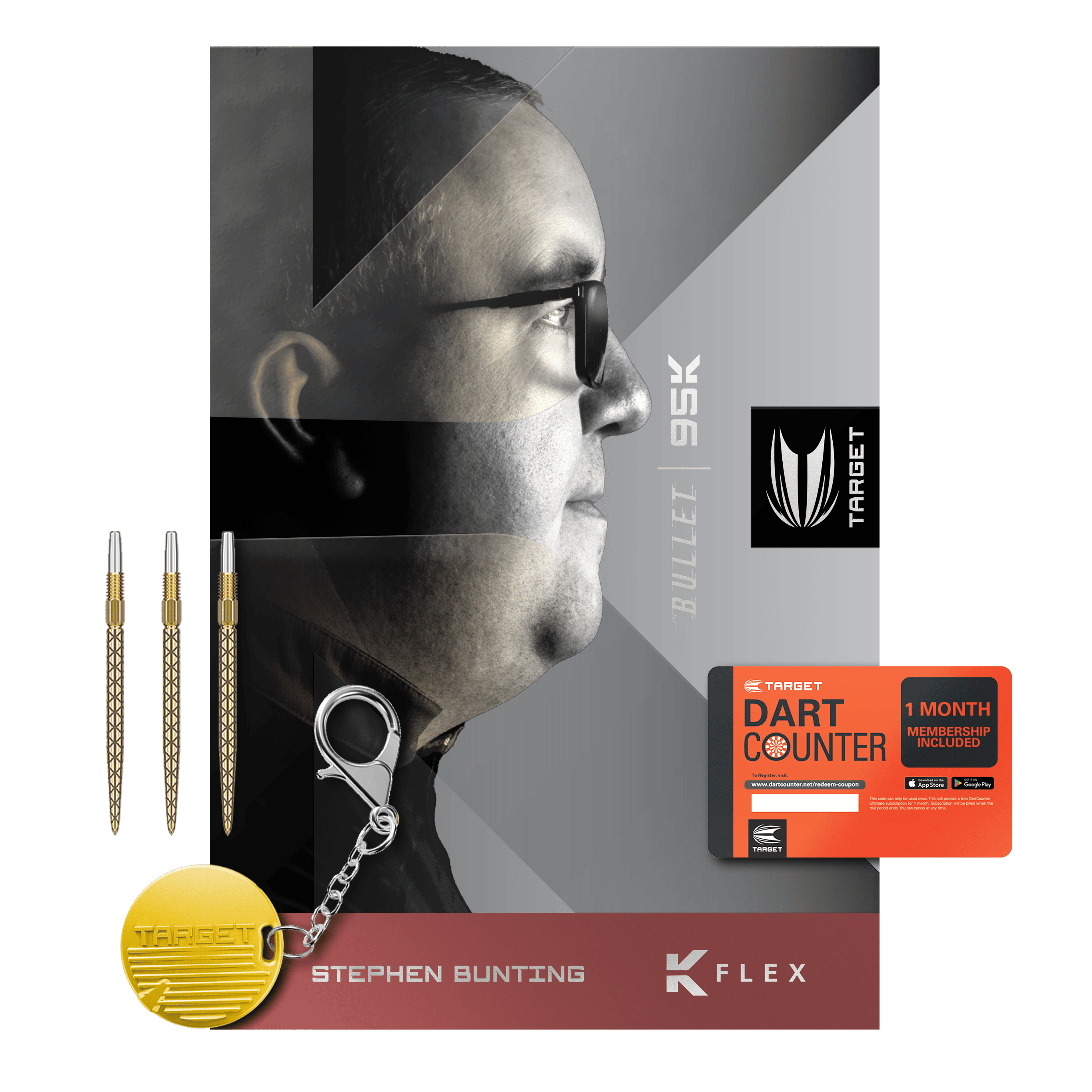 Das Bild zeigt das Produkt "Target Stephen Bunting 95K Swiss Point Steeldarts" mit drei Dartpfeilen, einem Schlüsselanhänger und einer Dart Counter-Mitgliedskarte. Auf der Verpackung ist ein Porträtfoto von Stephen Bunting abgebildet.