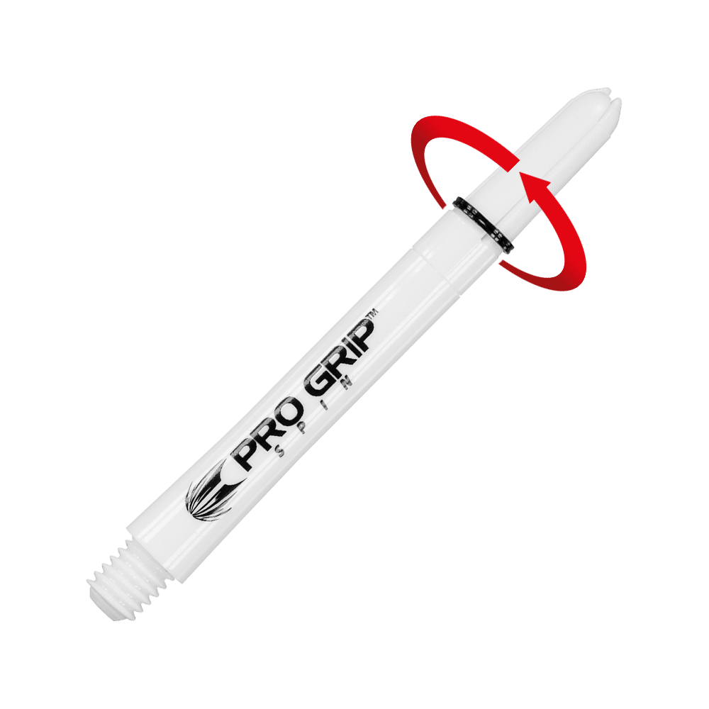Das Bild zeigt einen weißen Pro Grip Spin Schaft für Dartpfeile. Ein roter Pfeil symbolisiert, dass sich das obere Ende des Schafts drehen kann.