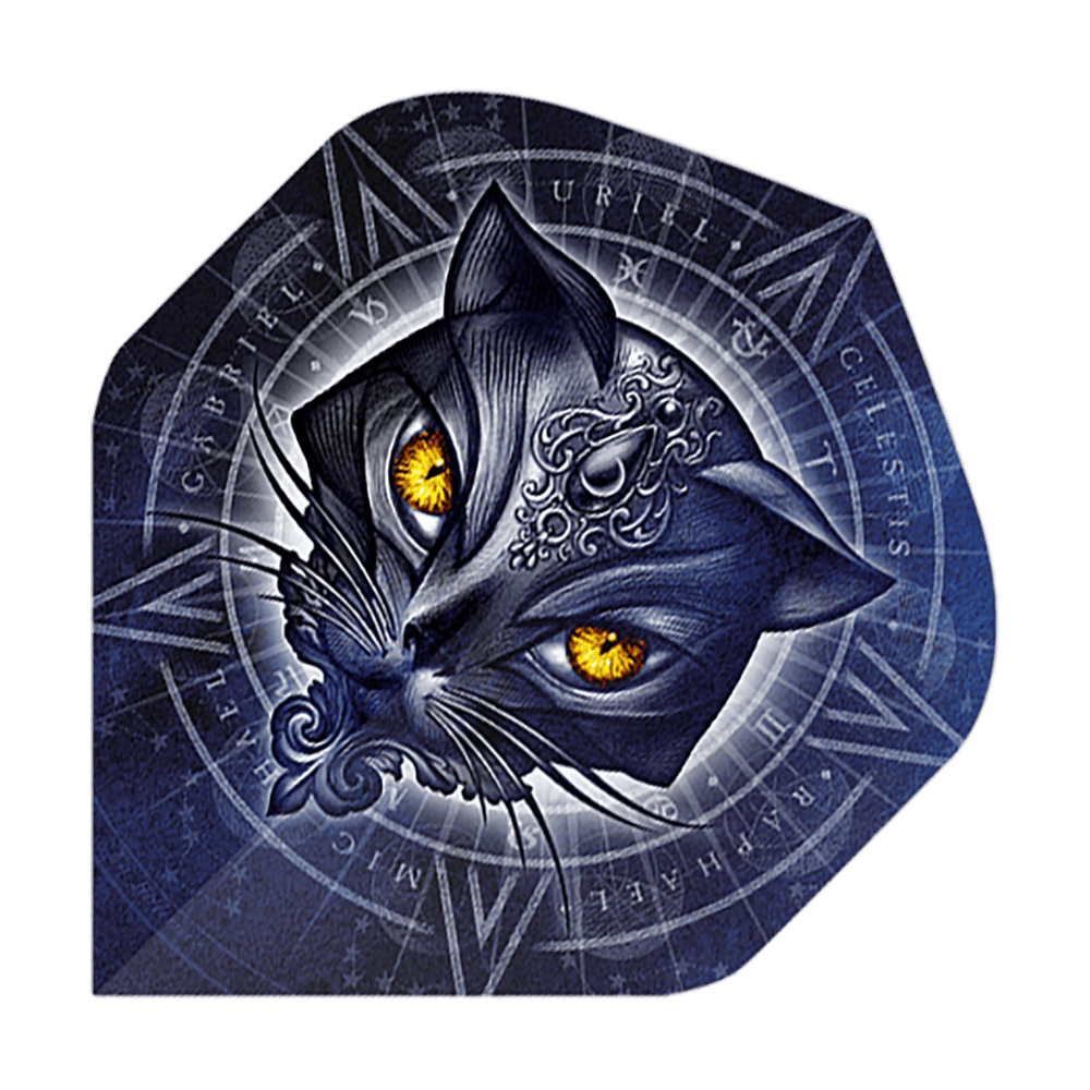 Alchemy Star Of Ailouros No2 Standaardvluchten Das Bild zeigt einen stilisierten Katzenkopf mit leuchtend gelben Augen vor einem mystischen, blauen Hintergrund. Im Hintergrund sind verschiedene Symbole und Schriftzüge in einem kreisförmigen Muster angeordnet.