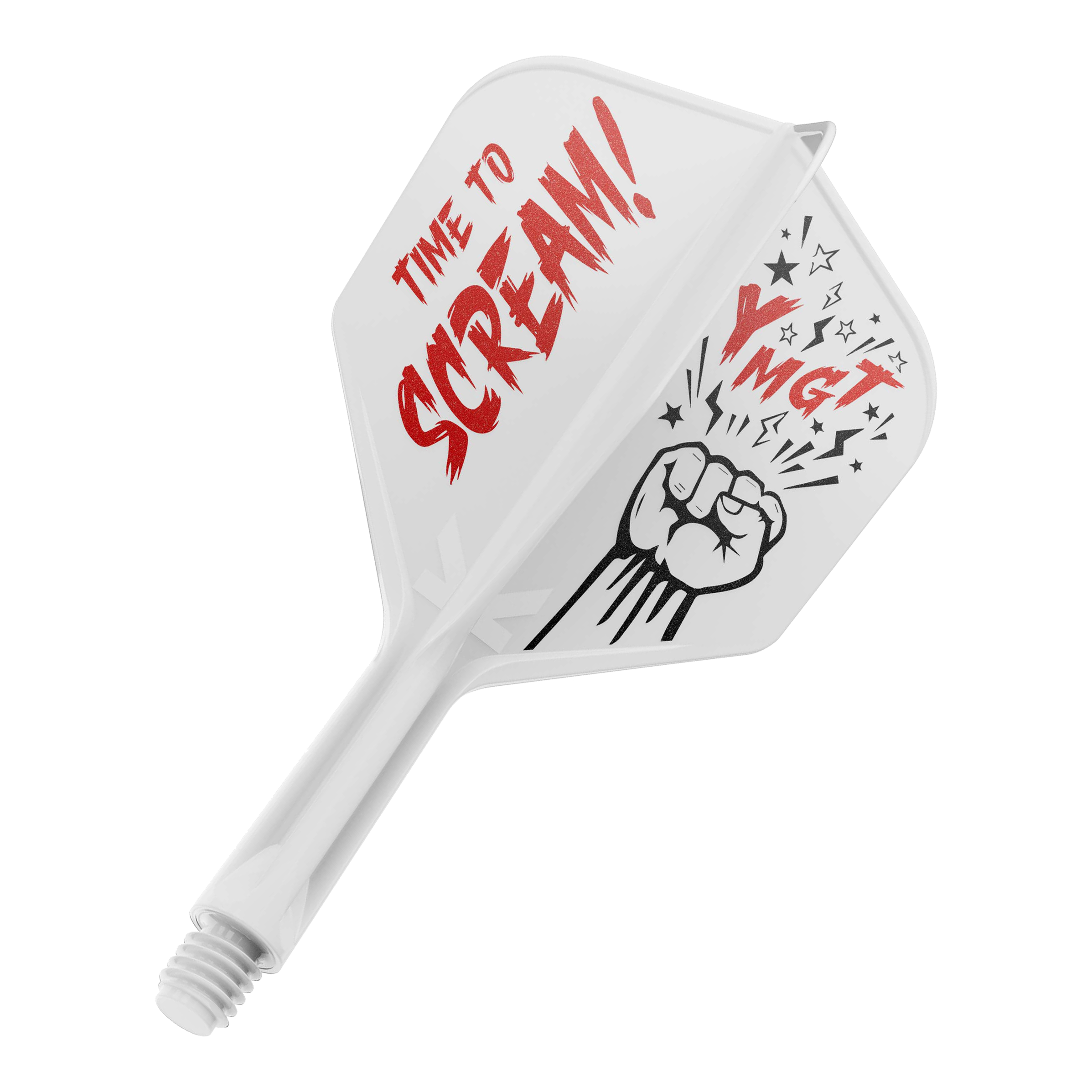 Target Japan K-Flex Scream No6 Flight Shaft-systeem Das Bild zeigt eine Dartflügel- und Schaftkombination in Weiß mit roter und schwarzer Beschriftung. Auf dem Flügel steht "TIME TO SCREAM!" zusammen mit einer gezeichneten Faust und einigen Sternen.