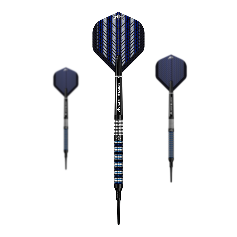 Mission Nightfall Model 1 zachte darts Das Bild zeigt drei Softdarts des Modells "Mission Nightfall Model 1". Die Darts haben schwarze Spitzen, blaue Flügel und einen silber-blau gestreiften Griff.