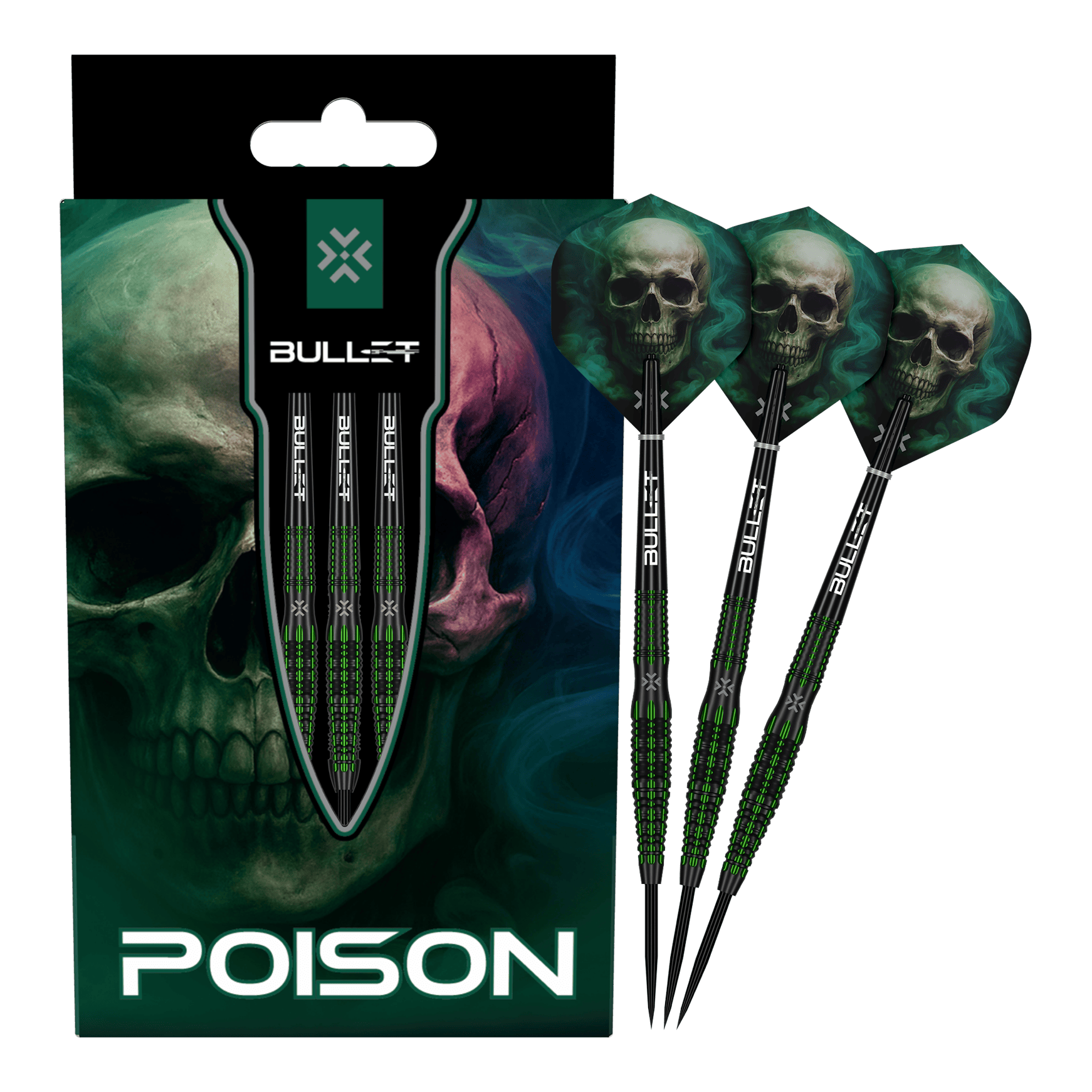 Bullet Poison stalen pijltjes Hier sind die Bullet Poison Steeldarts vollständig abgebildet. Die einzigartigen Steeldarts eignen sich für Dart-Enthusiasten.