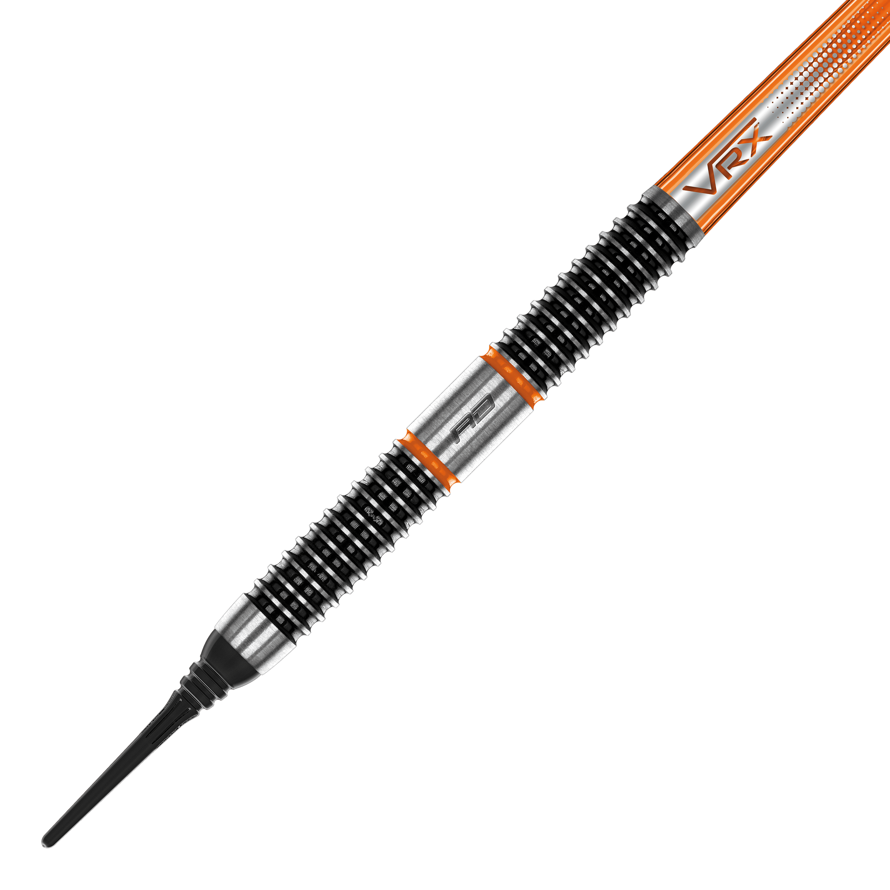 Red Dragon Amberjack 18 zachte darts - 20g Das Bild zeigt einen Red Dragon Amberjack 18 Softdart mit einem Gewicht von 20 Gramm. Der Dartpfeil hat ein markantes Design mit schwarzen und silbernen Rillen sowie orangen Akzenten.