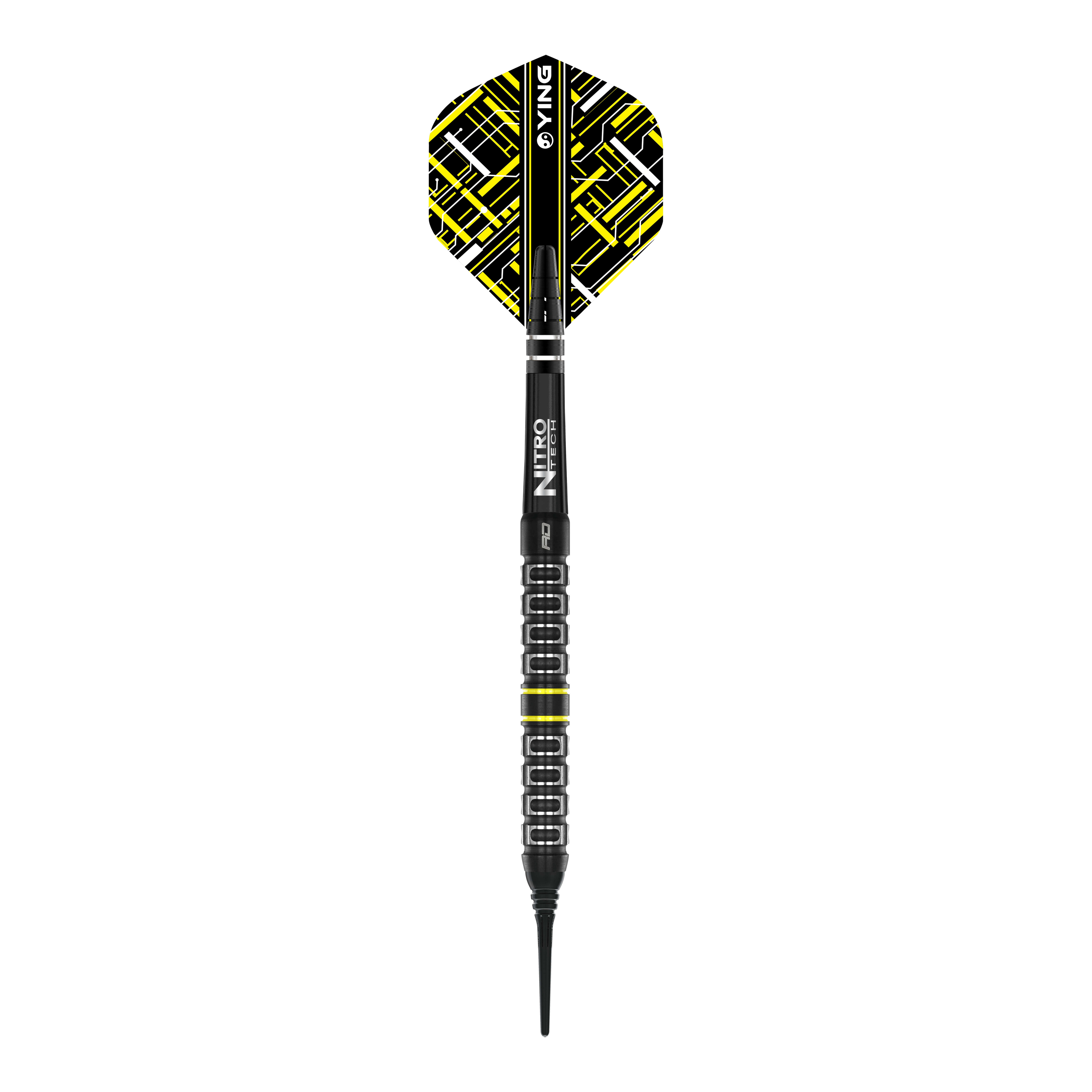 Red Dragon Astraeus Q4X Parallelle Softdarts - 20g Das Bild zeigt einen Red Dragon Astraeus Q4X Parallel Softdart mit einem Gewicht von 20g. Der Dart hat schwarze und gelbe Designelemente und eine strukturierte Griffzone.