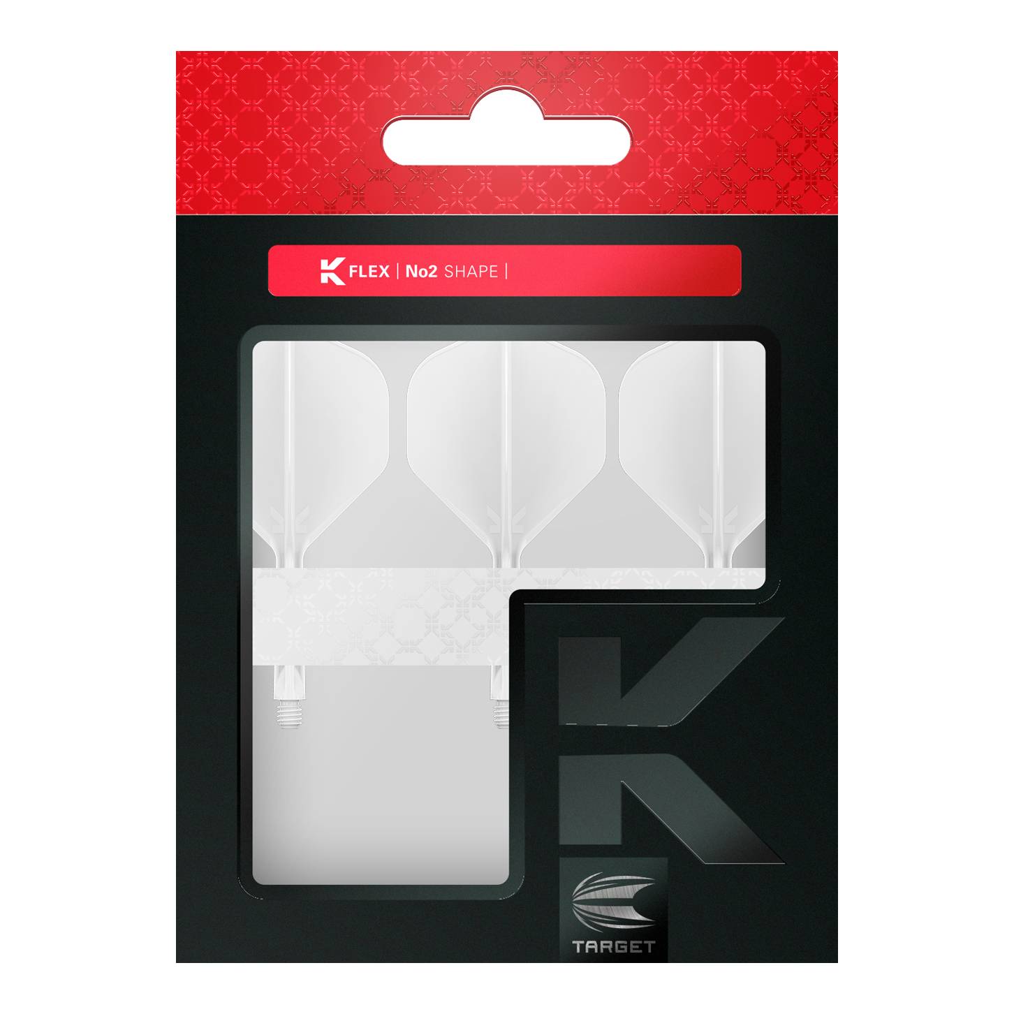 Target K-Flex No2 Standaard Vluchtsysteem - Wit Das Bild zeigt eine Packung mit drei weißen Dart Flights der Marke Target. Die Verpackung ist schwarz mit einem roten oberen Teil und dem Aufdruck "K FLEX | No2 SHAPE".