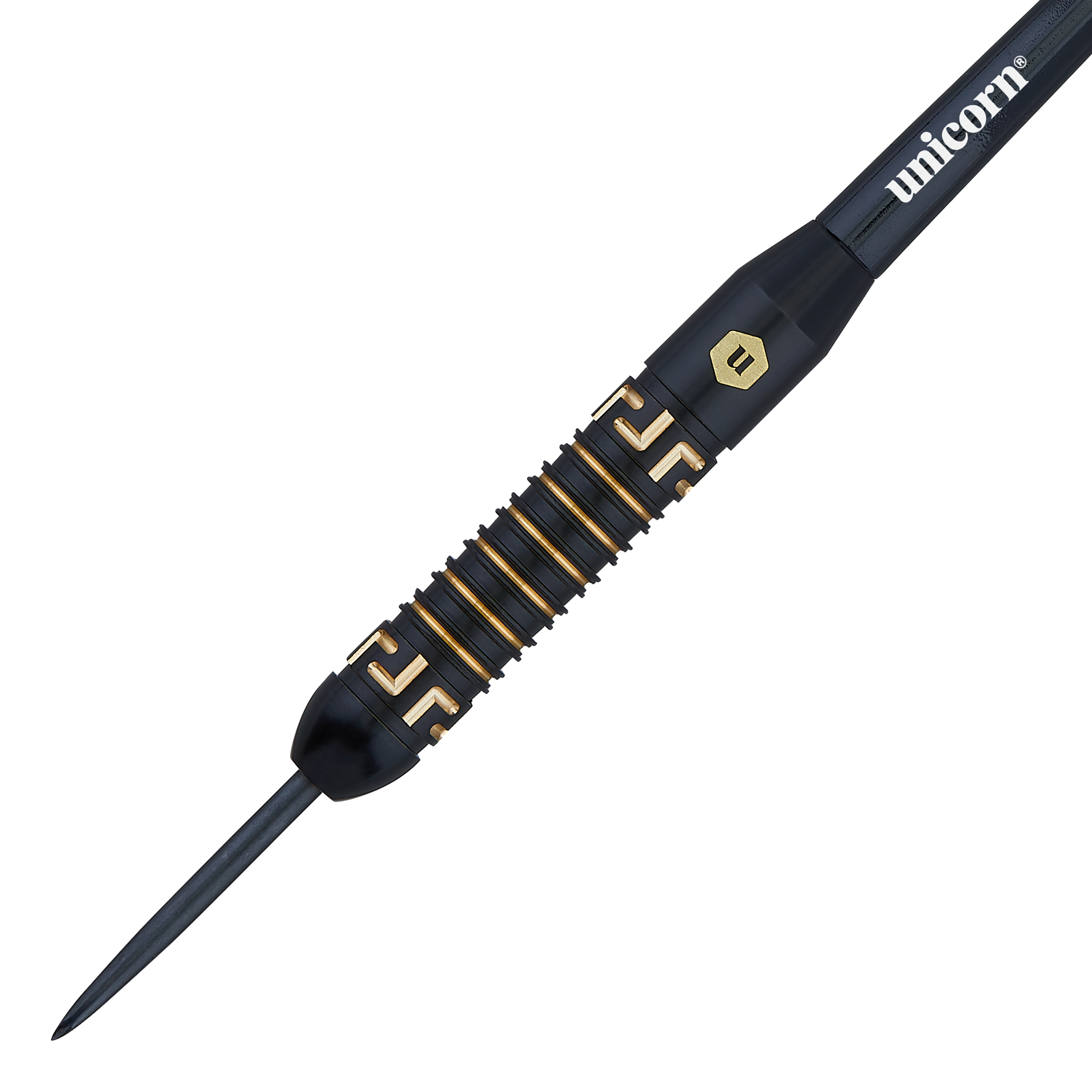 Das Bild zeigt einen Unicorn Top Brass V1 Steeldart mit einem Gewicht von 20 Gramm. Der Dart ist überwiegend schwarz mit goldenen Akzenten und besitzt ein geriffeltes Griffstück für besseren Halt.