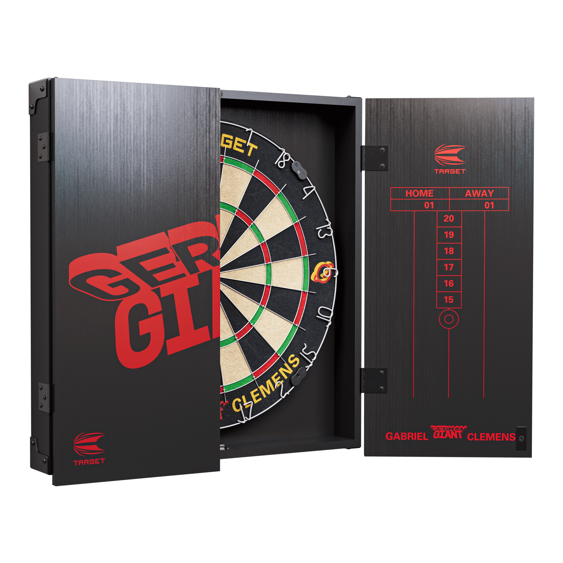 Das Bild zeigt das "Target Gabriel Clemens Kabinet Dartboard Set" mit einer teilweise geöffneten Schranktür. Im Inneren befindet sich eine Dartscheibe und auf der Tür ist eine Punktetafel aufgedruckt.