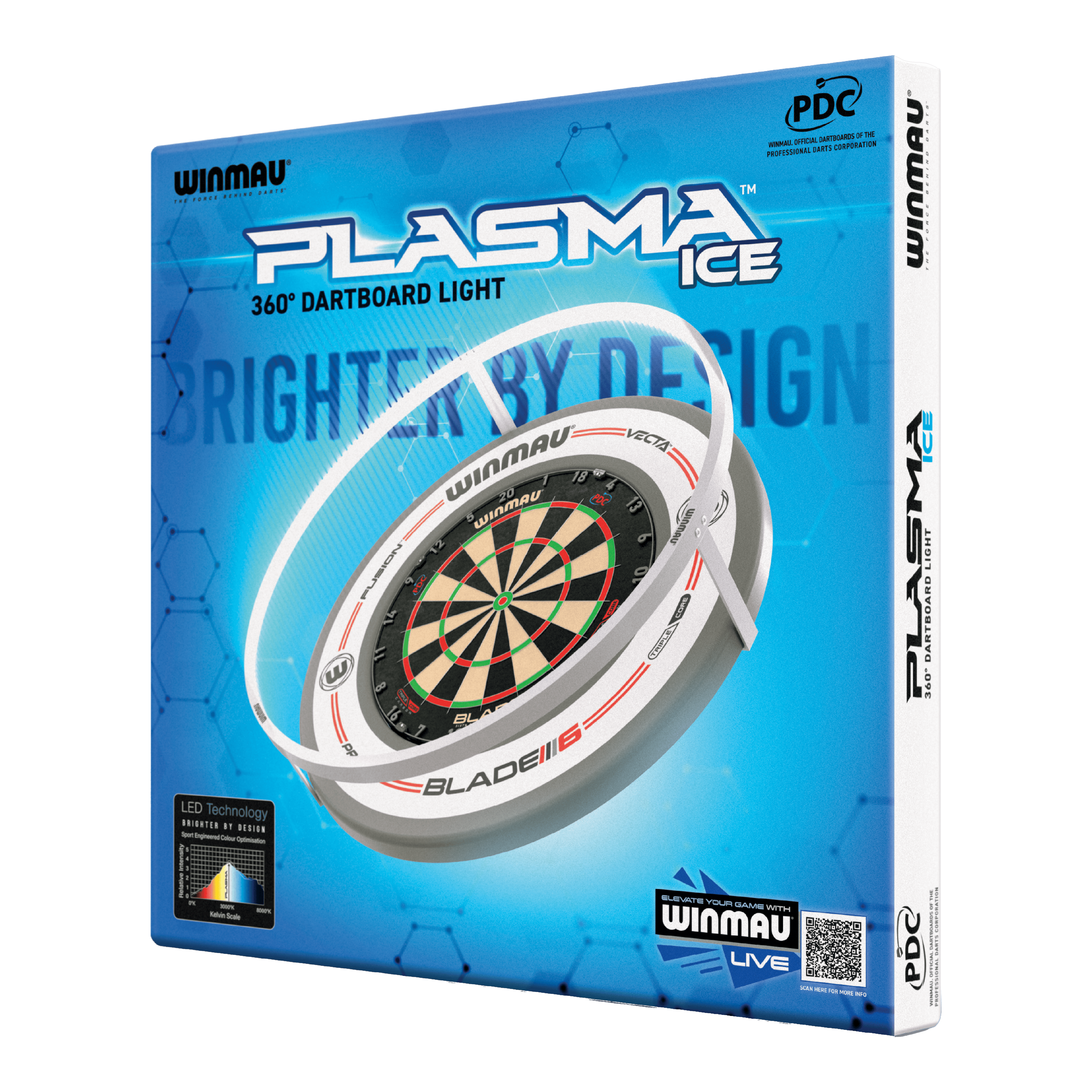 Winmau Plasma Ice LED Dartbordlamp Die Abbildung zeigt die Verpackung des "Winmau Plasma Ice LED Dartboard Light". Das Produkt bietet eine 360° Beleuchtung für Dartboards.
