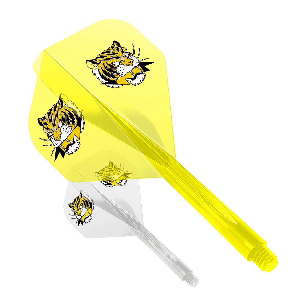 Condor AX Inazuma Tiger Mix Flight System Geel Helder - Standaard Das Bild zeigt zwei Dart-Flights des Modells "Condor AXE Inazuma Tiger Mix Flight-System" in Gelb und Transparent. Beide Flights sind mit einem Tigerkopf-Motiv bedruckt.
