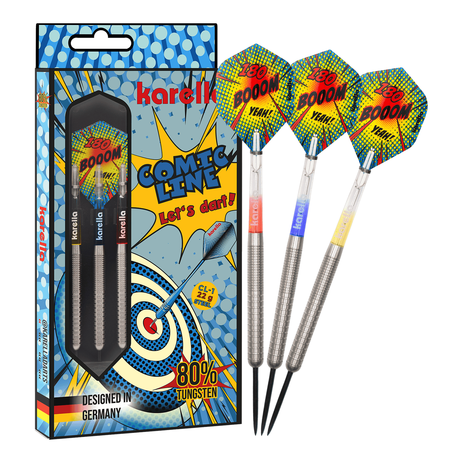 Karella Comic Line CL-1 stalen dartpijlen - 22 g Das Bild zeigt den Karella Comic Line CL-1 Steeldarts - 22g. Es veranschaulicht die vollständige Ansicht des Steeldartpfeils.