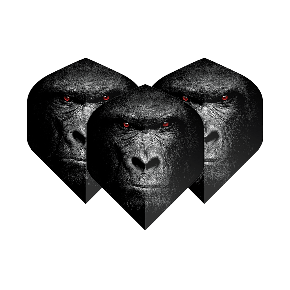 Pentathlon Vluchten Gorilla Das Bild zeigt drei Dart-Flights mit dem Gesicht eines Gorillas und leuchtend roten Augen. Die Flights sind das Produkt "Pentathlon Gorilla No2 Standard Flights".