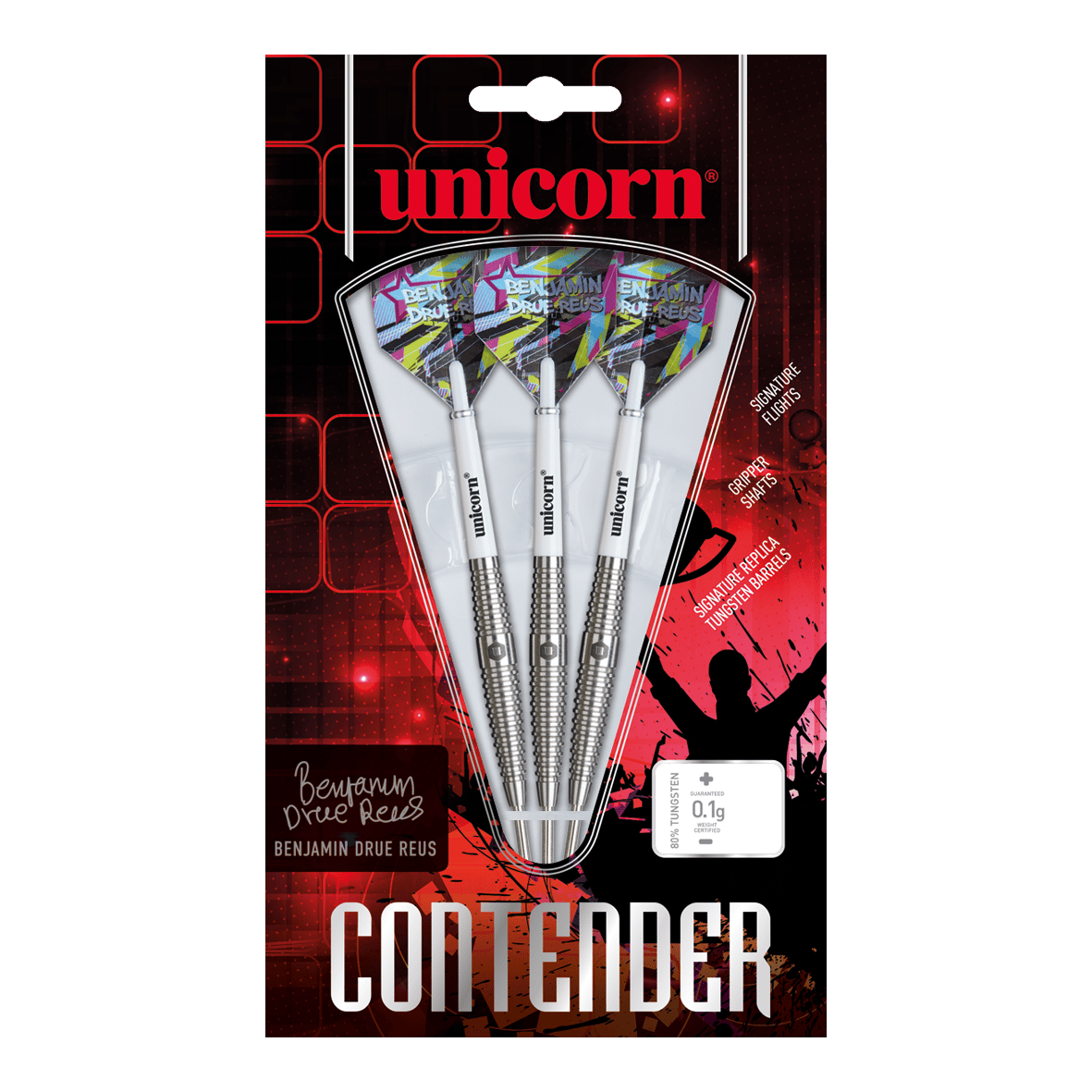Unicorn Contender Benjamin Drue Reus Steeldarts - 24g Das Bild zeigt eine Packung Unicorn Contender Benjamin Drue Reus Steeldarts mit einem Gewicht von 24 Gramm. Die Verpackung enthält drei Darts mit signierten Flights und silbernen Schäften.