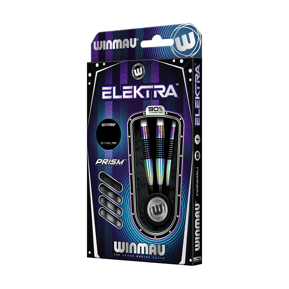1451_Winmau_Elektra_Steeldarts_3 Das Bild zeigt die Verpackung der "Winmau Elektra Steeldarts". Drei bunte Steeldarts mit 90% Tungsten sind in der Schachtel sichtbar.