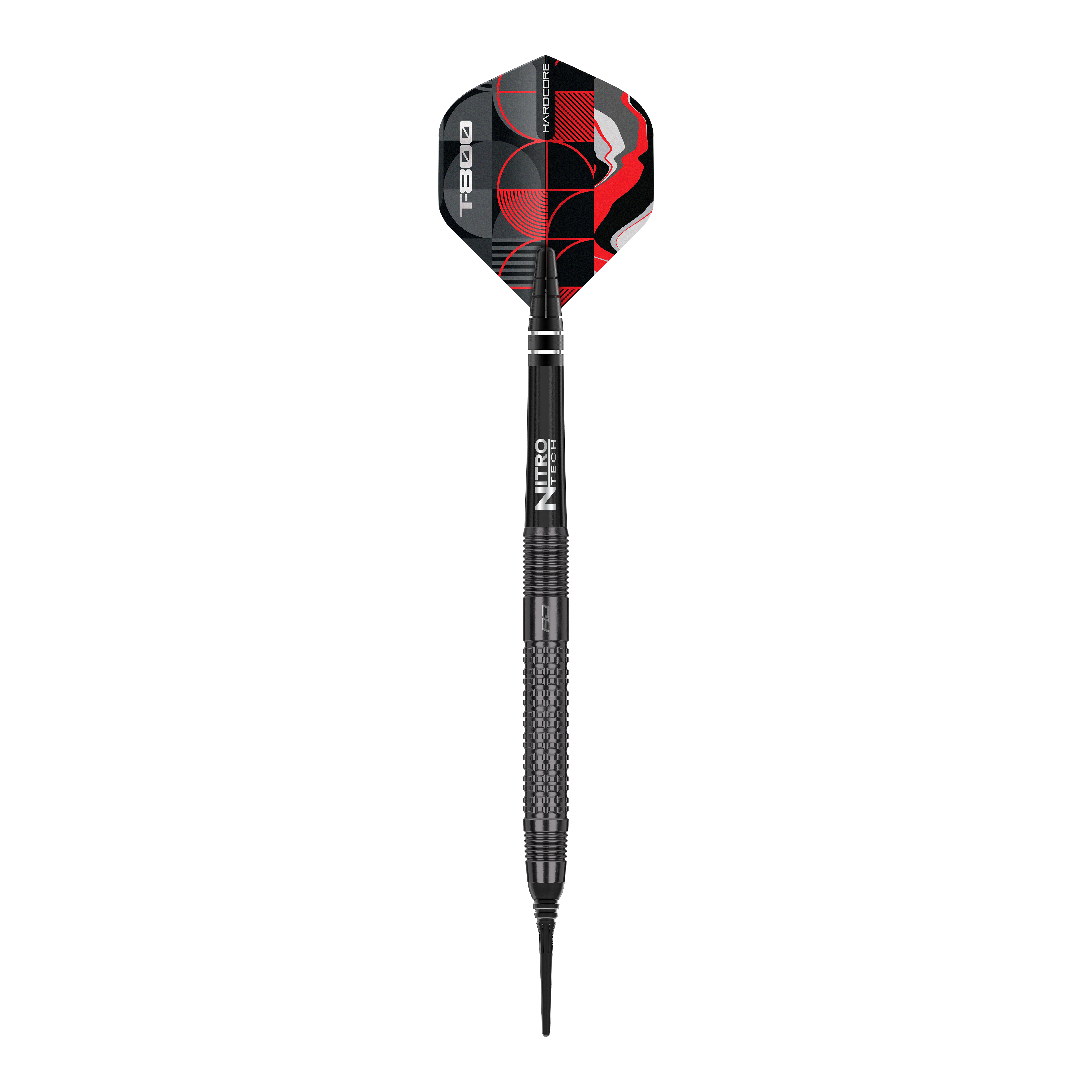 Red Dragon T-800 zachte darts - 20g Das Bild zeigt einen Red Dragon T-800 Softdart mit einem Gewicht von 20g. Der Dart ist schwarz mit roten und weißen Designelementen auf dem Flight.