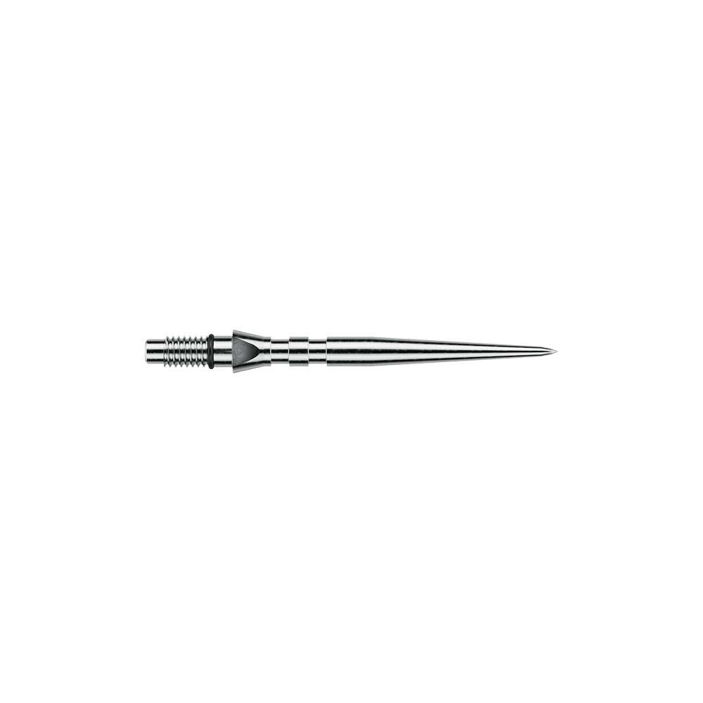 Winmau Switch Point Groove stalen dartpunten - Zilverkleurig effect Das Bild zeigt silberfarbene Steeldartspitzen mit Rillen, vermutlich 'Switch Point Groove Silver Effect' und 26mm lang. Die Spitzen sind für Steeldarts vorgesehen.