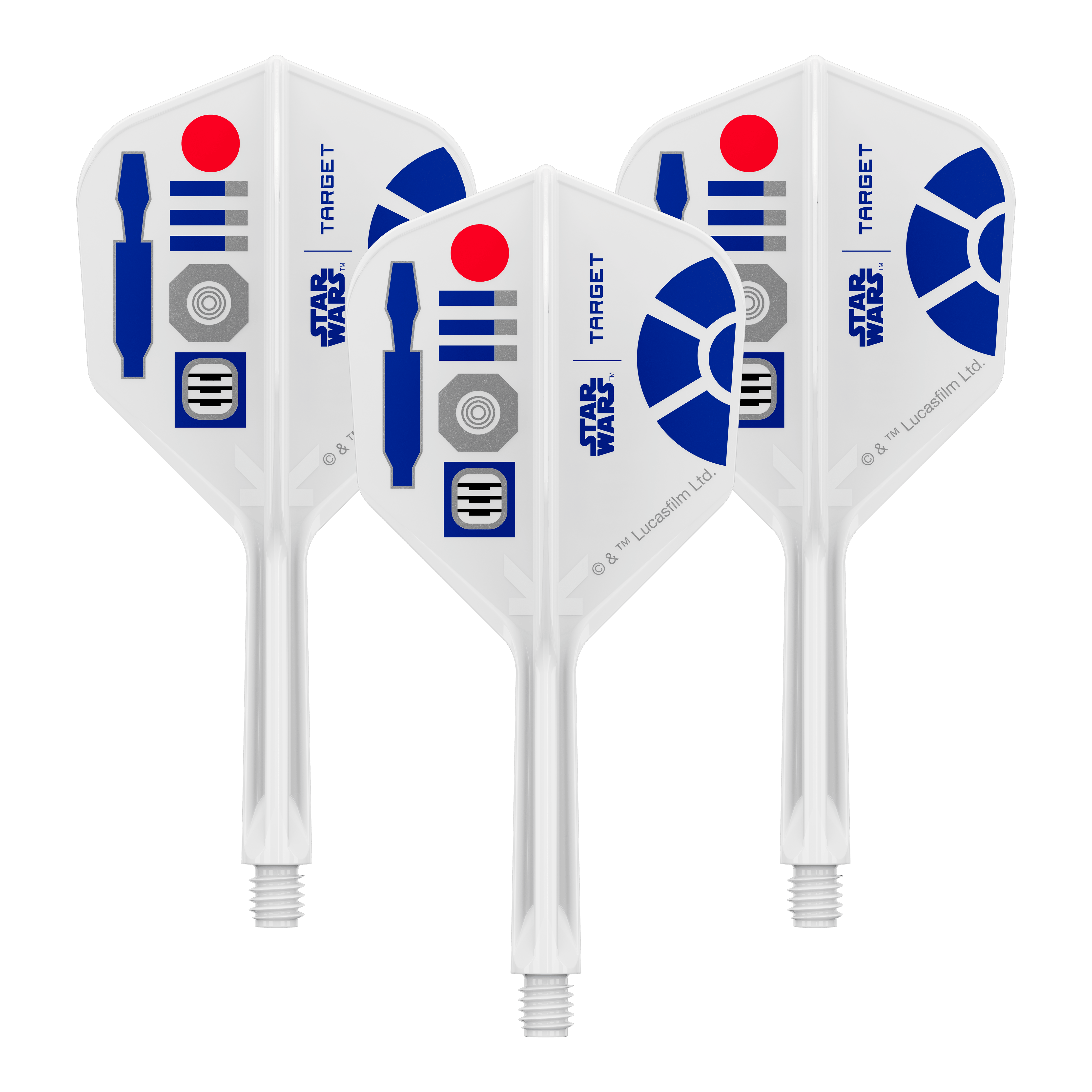 Target Star Wars K-Flex R2D2 No6-vluchten Abgebildet ist ein Produkt mit dem Dateinamen 410511_Target_StarWars_KFlex_R2D2_No6_Flights_Intermediate_26mm_1Set. Es könnte sich um ein Set von Dart-Flights mit Star Wars Motiv handeln.