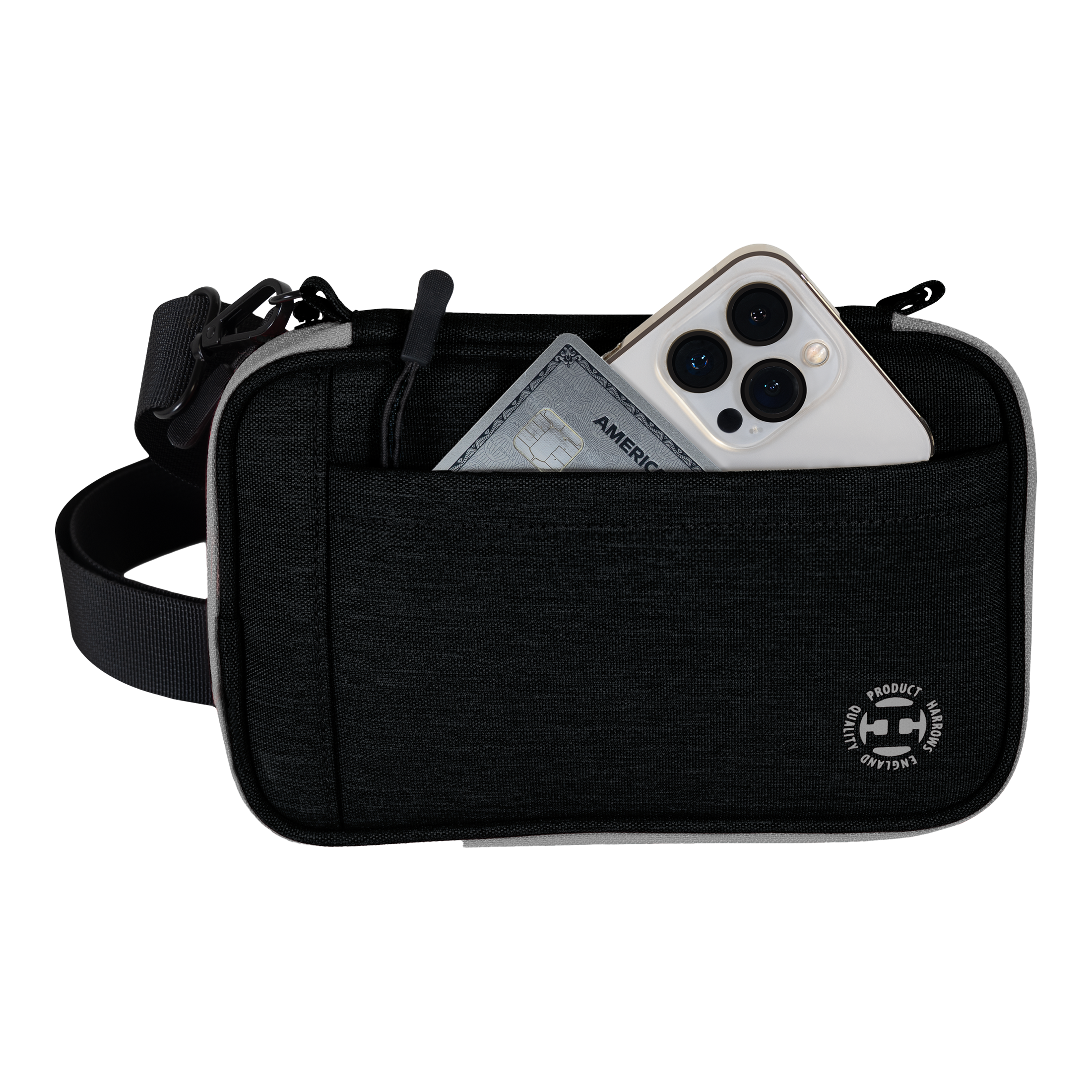 Harrows Smart Case XL dart portemonnee Auf dem Bild ist eine schwarze Harrows Smart Case XL Darttasche zu sehen. In der vorderen Tasche stecken ein Smartphone und eine Kreditkarte.