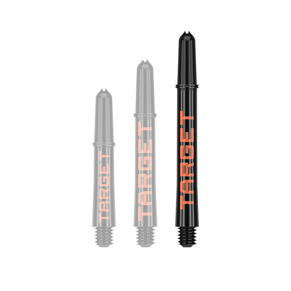 Target Pro Grip TAG Shafts - 3 sets - Zwart Oranje Das Bild zeigt drei schwarze Dartschäfte in verschiedenen Längen mit orangefarbener Schrift. Auf jedem Schaft steht das Wort "TARGET".