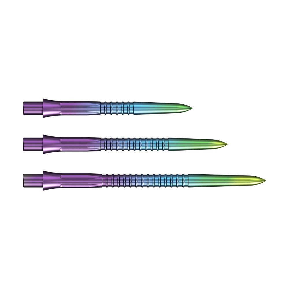 Hier sind die Mission Caliburn EVO Dartspitzen GV1 in Rainbow-Farben abgebildet. Sie bieten ein auffälliges Design für Dartspieler.