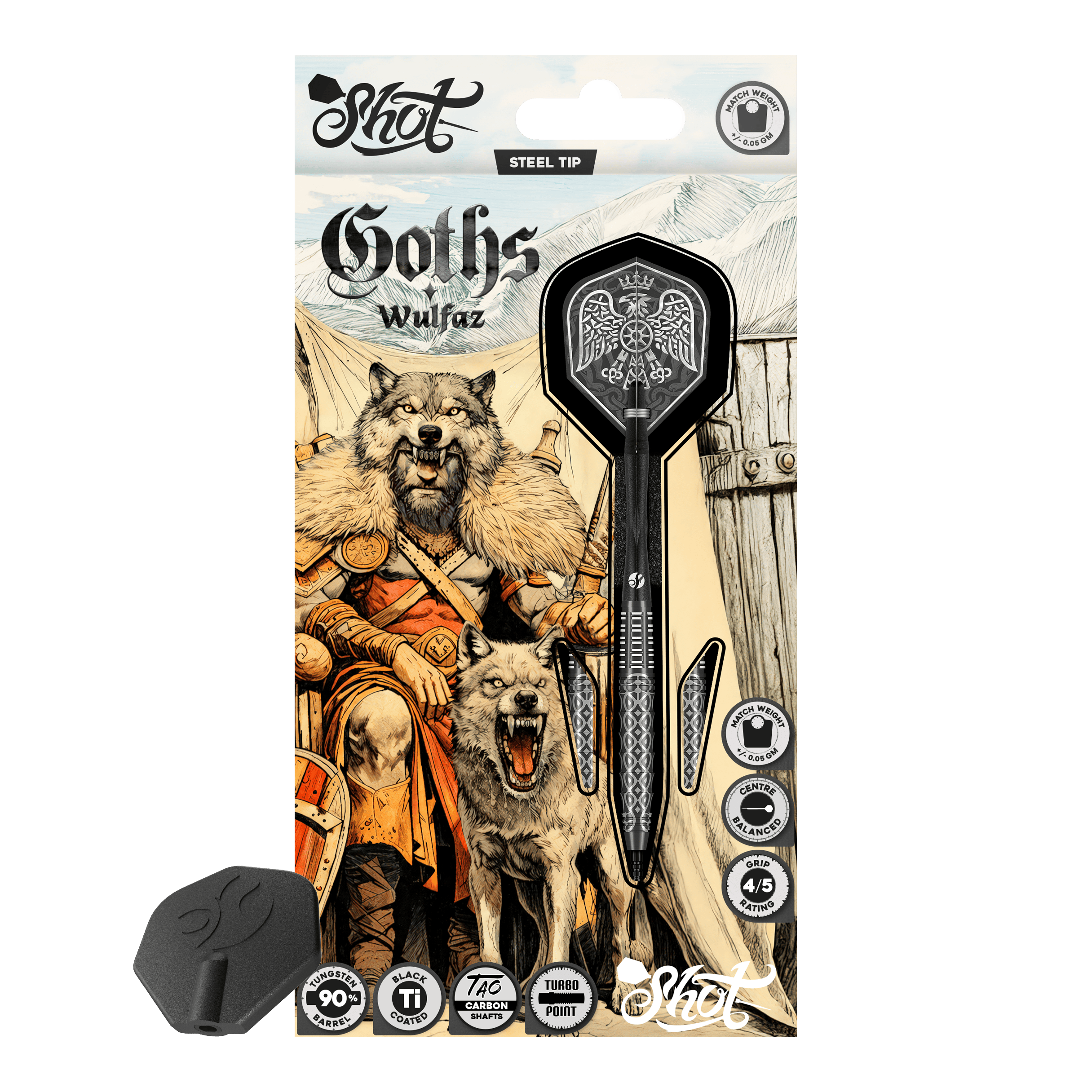 Shot Goths Wulfaz Turbo Point stalen dartpijlen - 23 g Das Bild zeigt die Shot Goths Wulfaz Turbo Point Steeldarts mit 23 Gramm. Diese Pfeile sind für das Steeldartspiel konzipiert.