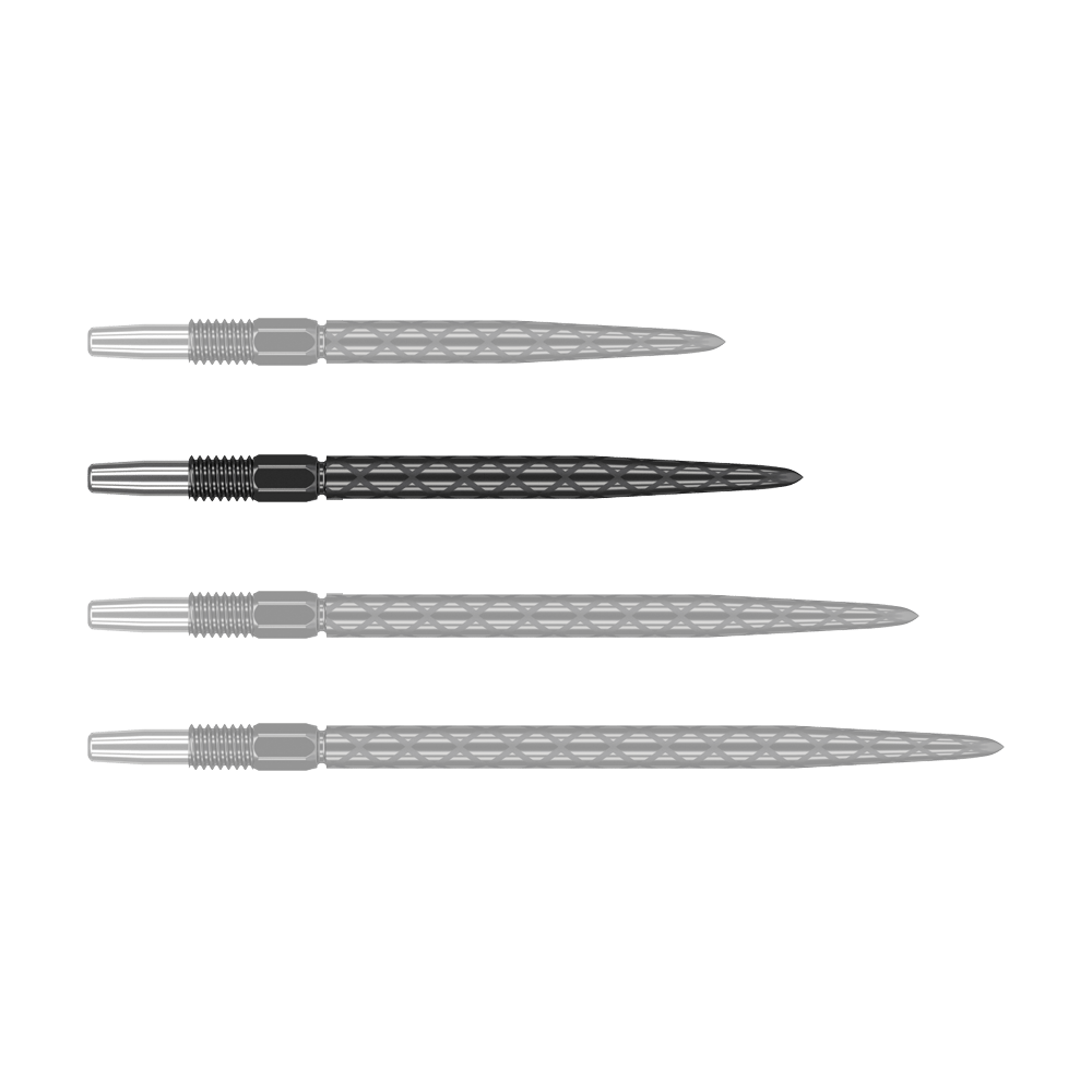 Das Bild zeigt vier schwarze Dartspitzen mit silbernem Gewinde, die nebeneinander liegen. Die Spitzen haben eine rautenförmige Struktur entlang des Schafts.