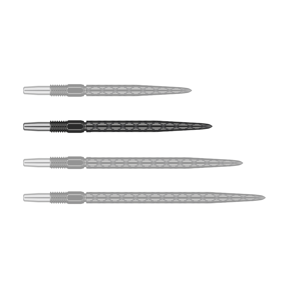 Target Swiss Diamond Pro Black Points dartpunten Das Bild zeigt vier schwarze Dartspitzen mit silbernem Gewinde, die nebeneinander liegen. Die Spitzen haben eine rautenförmige Struktur entlang des Schafts.