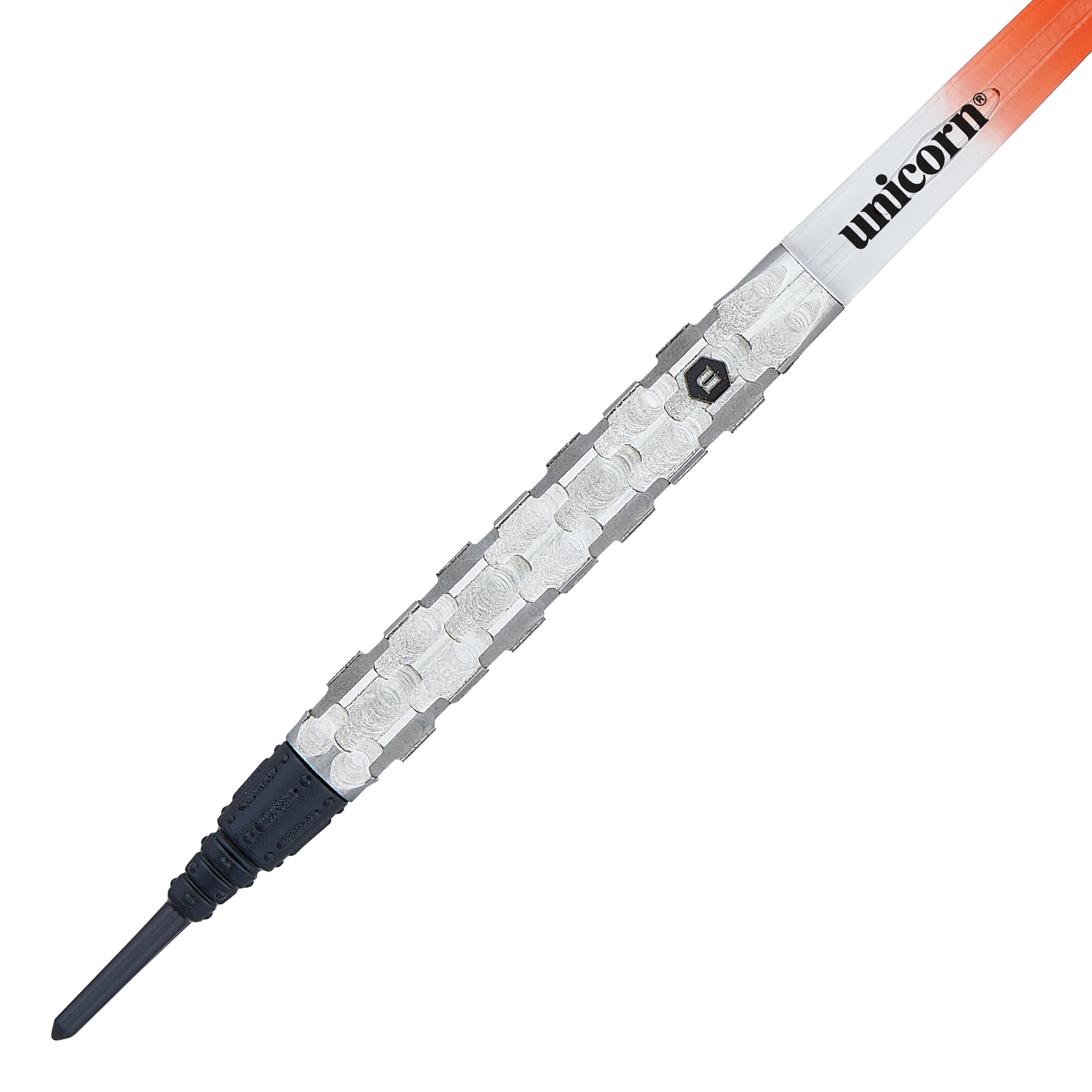 Unicorn Ballista Style 1 zachte darts Das Bild zeigt einen Softdart namens "Unicorn Ballista Style 1". Der Dart hat einen silbernen, strukturierten Griff und eine schwarze Spitze.