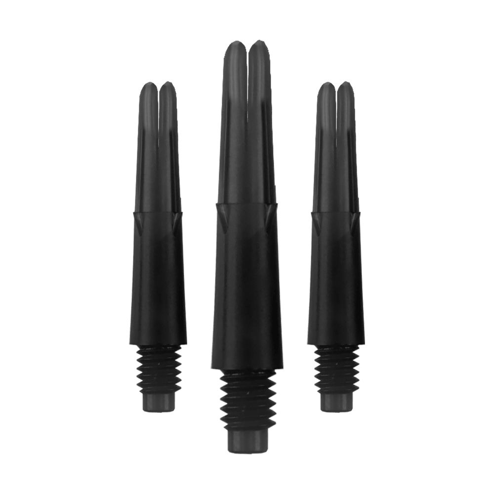 L-L-Style-Shafts Locked Straight - Zwart Das Bild zeigt drei schwarze, gerade Dartschäfte ohne Kappen. Sie sind nebeneinander auf einem neutralen Hintergrund angeordnet.