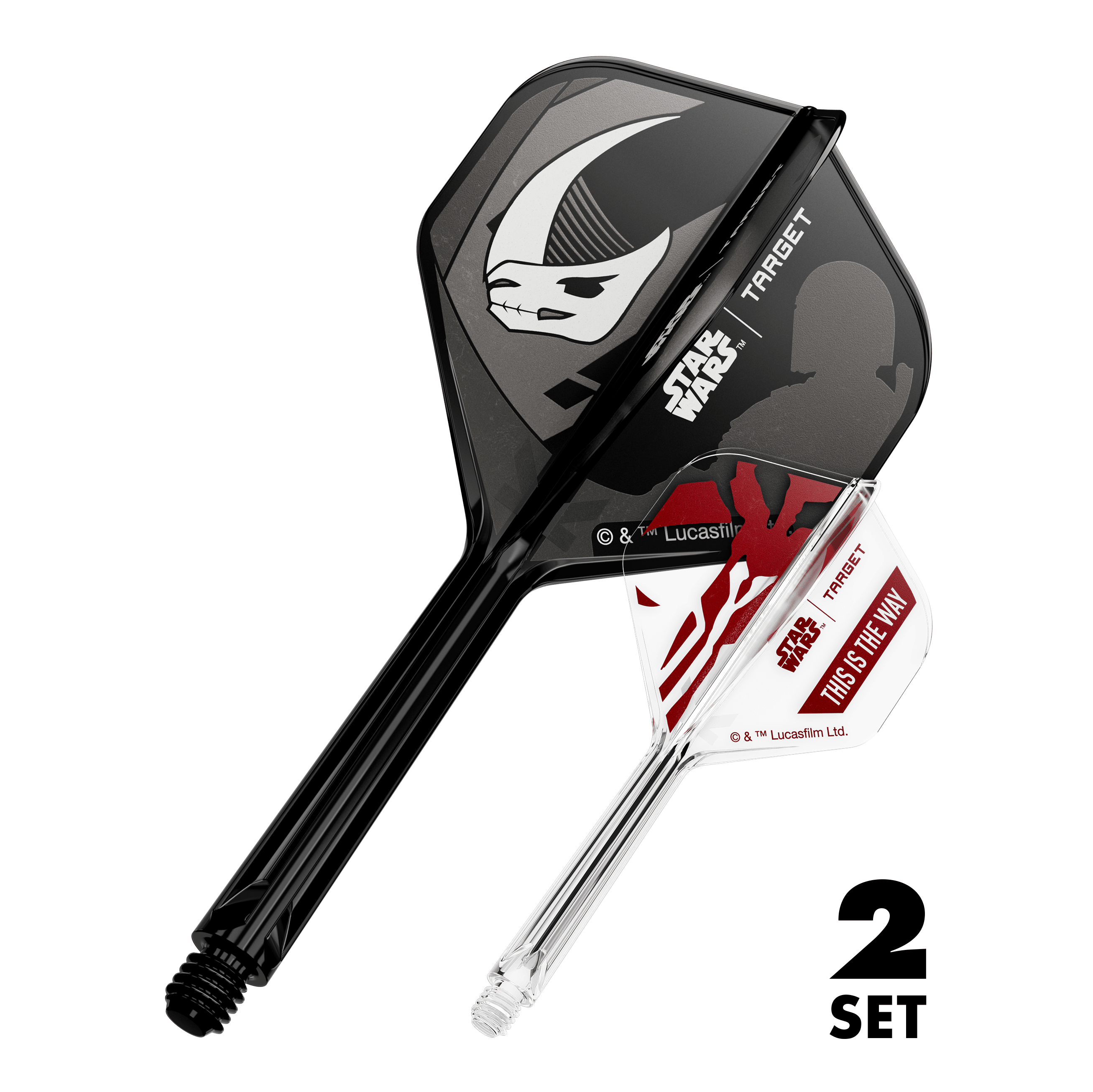Target Star Wars K-Flex Set Mandalorian No2 Standaard Flights Abbildung eines Star Wars K-Flex Mandalorian 2er-Pack Sets. Das Bild zeigt Standard Flights mit 33 mm Länge.