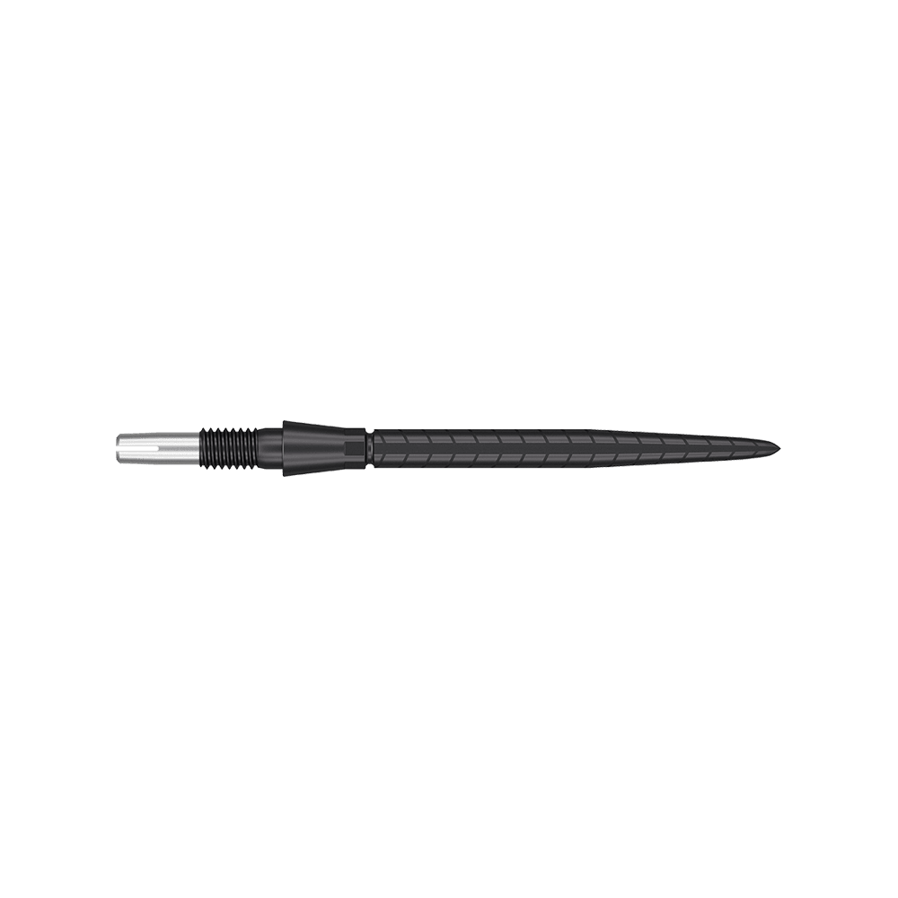 Target Swiss Storm Quartz Dartpunten - Zwart Das Bild zeigt eine schwarze Dartspitze mit feinen Rillen und einem schlanken Design. Die Spitze hat eine Länge von 30 mm und wirkt hochwertig verarbeitet.