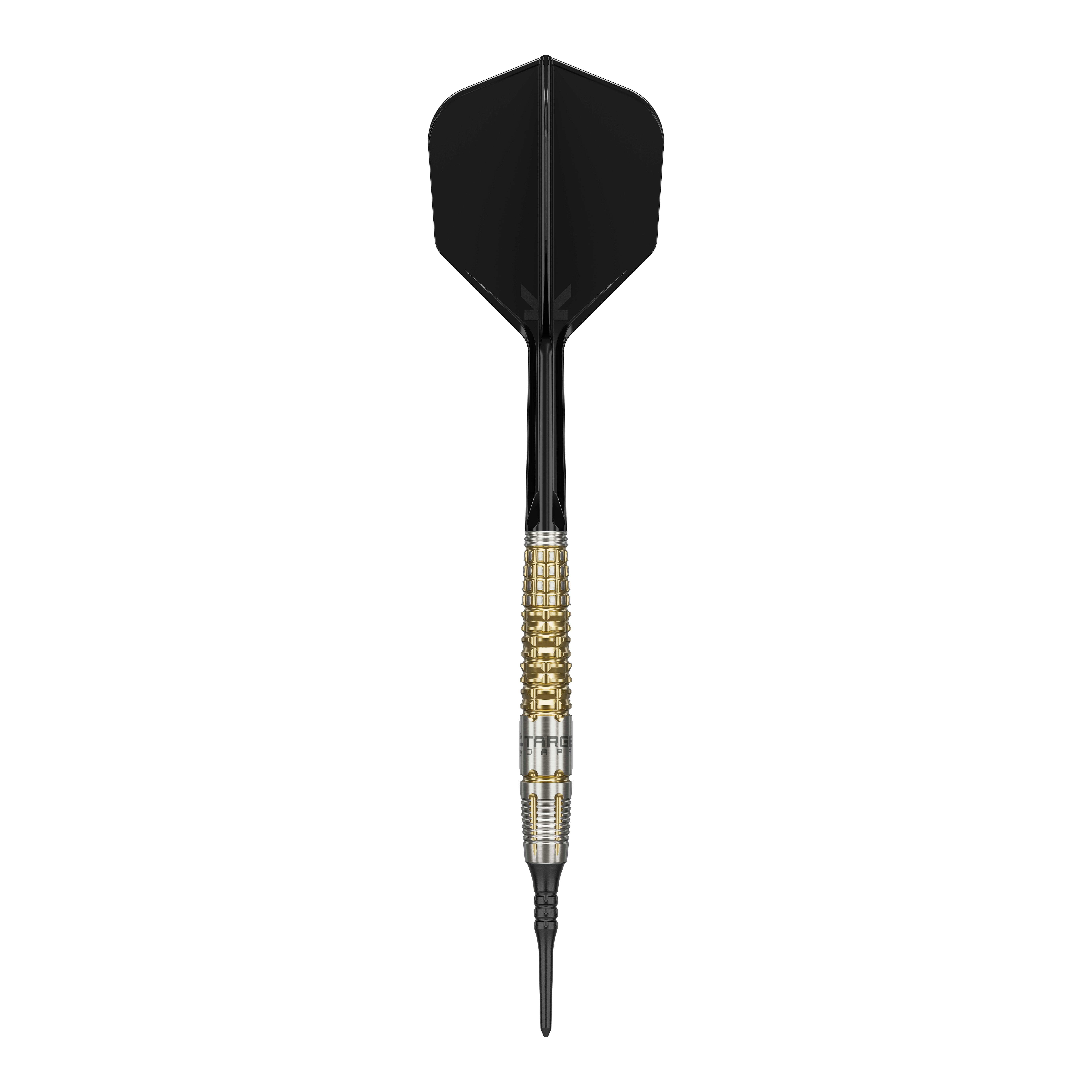 Target Japan Black Marque Warrior Soft Darts - 18,5 g Das Bild zeigt einen Target Japan Black Marque Warrior Softdart mit einem Gewicht von 18,5g. Der Dart hat eine schwarze Spitze und Flügel sowie einen gold-silbernen Griffbereich.