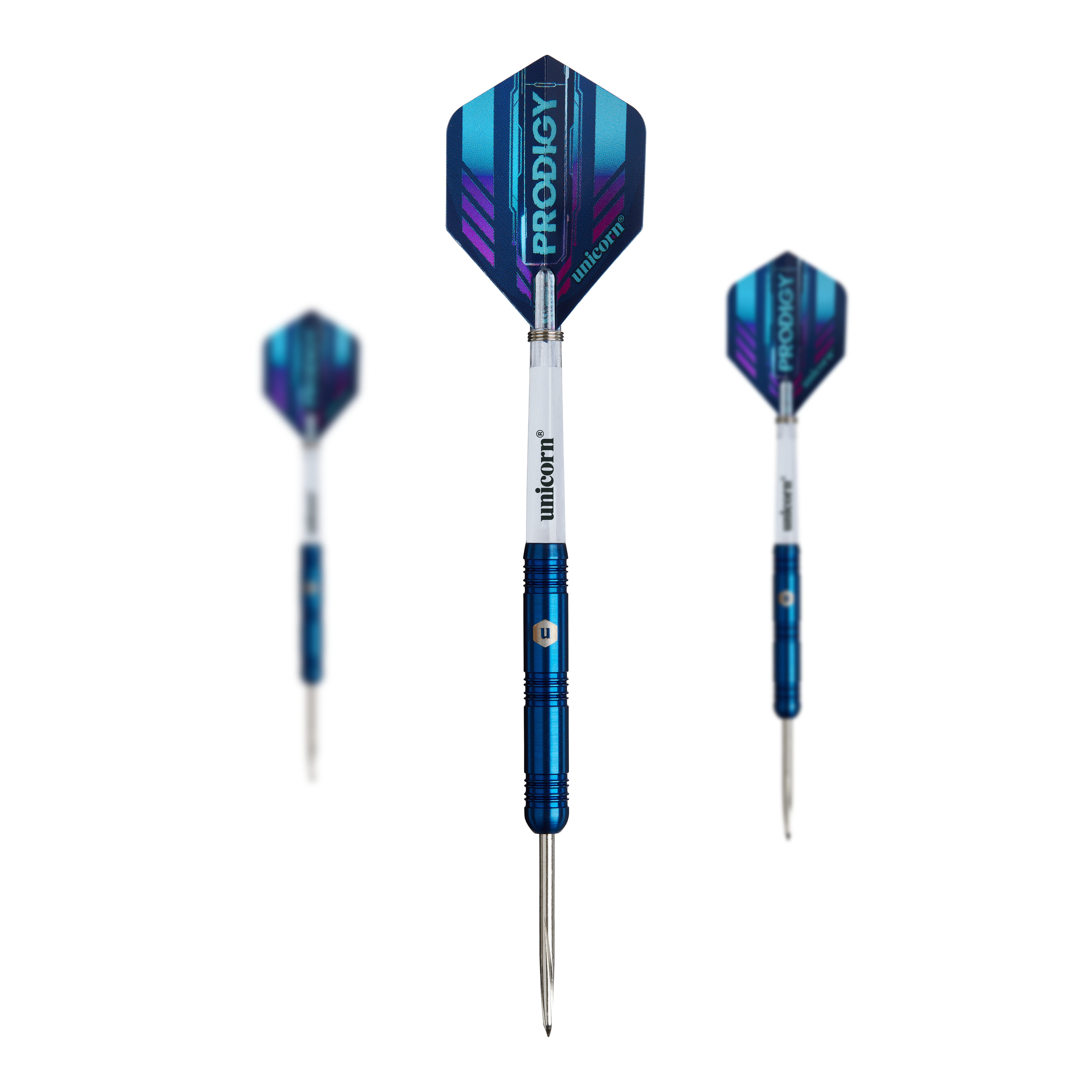 Das Bild zeigt drei Steeldarts des Produkts "Unicorn Prodigy 01 Parallel". Die Darts haben blaue Schäfte und weiße Flights mit dem Aufdruck "PRODIGY".