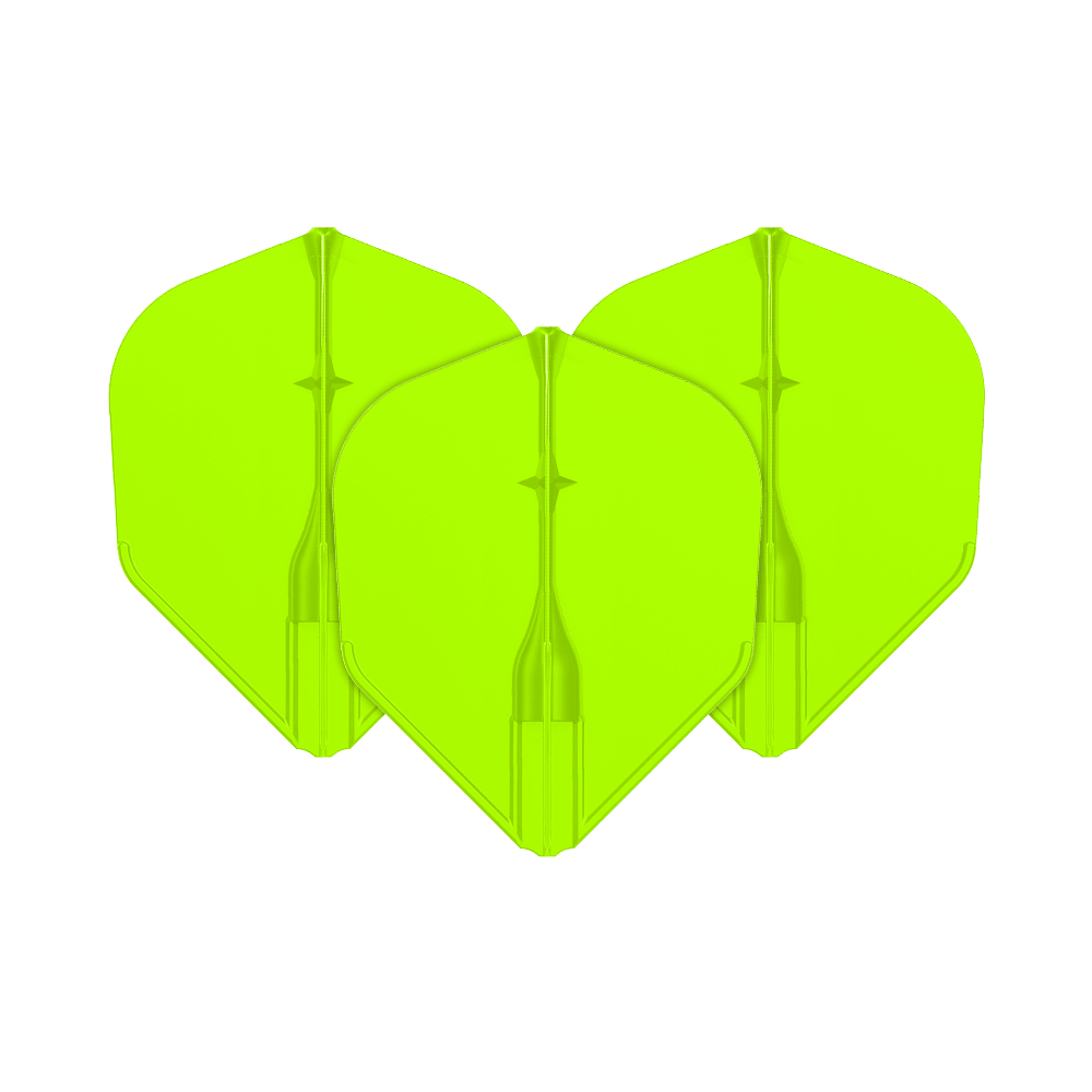 L-L-Style3EZ-vluchten Auf dem Bild sind drei neon-grüne Dart-Flights zu sehen. Sie sind nebeneinander angeordnet und haben eine klassische Pfeilform.