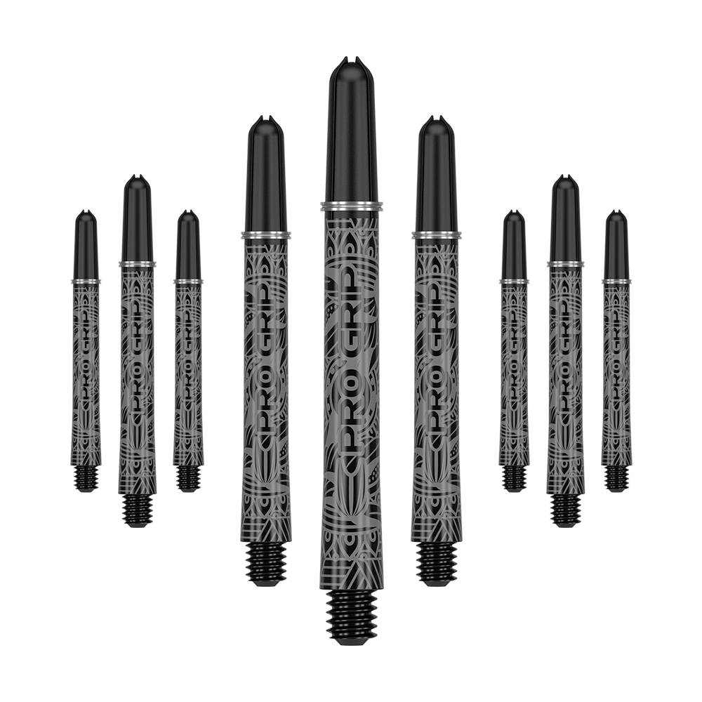 Das Bild zeigt neun schwarze Dart-Schäfte mit silbernen Mustern und der Aufschrift "PRO GRIP". Sie sind in drei Reihen angeordnet und heben sich deutlich vom Hintergrund ab.