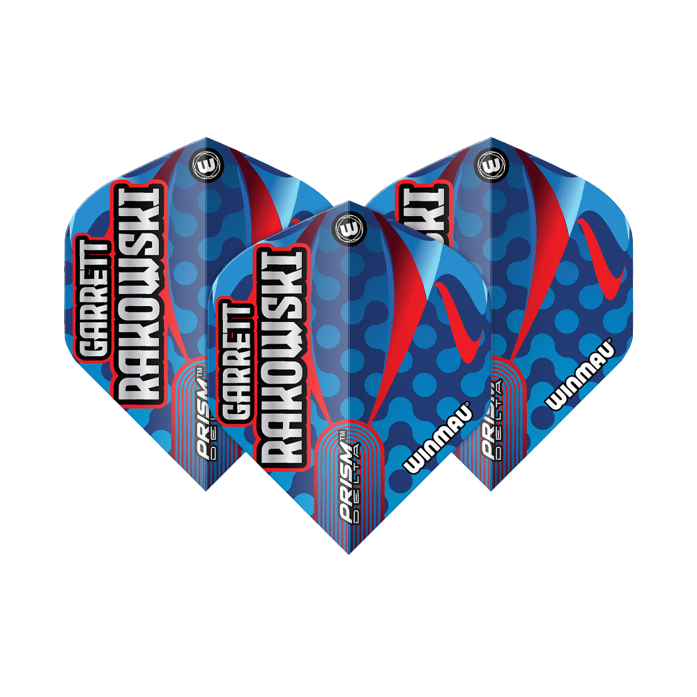 Winmau Prism Delta Garrett Rakowski Standaardvluchten Das Bild zeigt die Winmau Prism Delta Garrett Rakowski Standard Flights. Die Flights sind blau mit roten und hellblauen Akzenten sowie dem Namen "Garrett Rakowski" darauf.