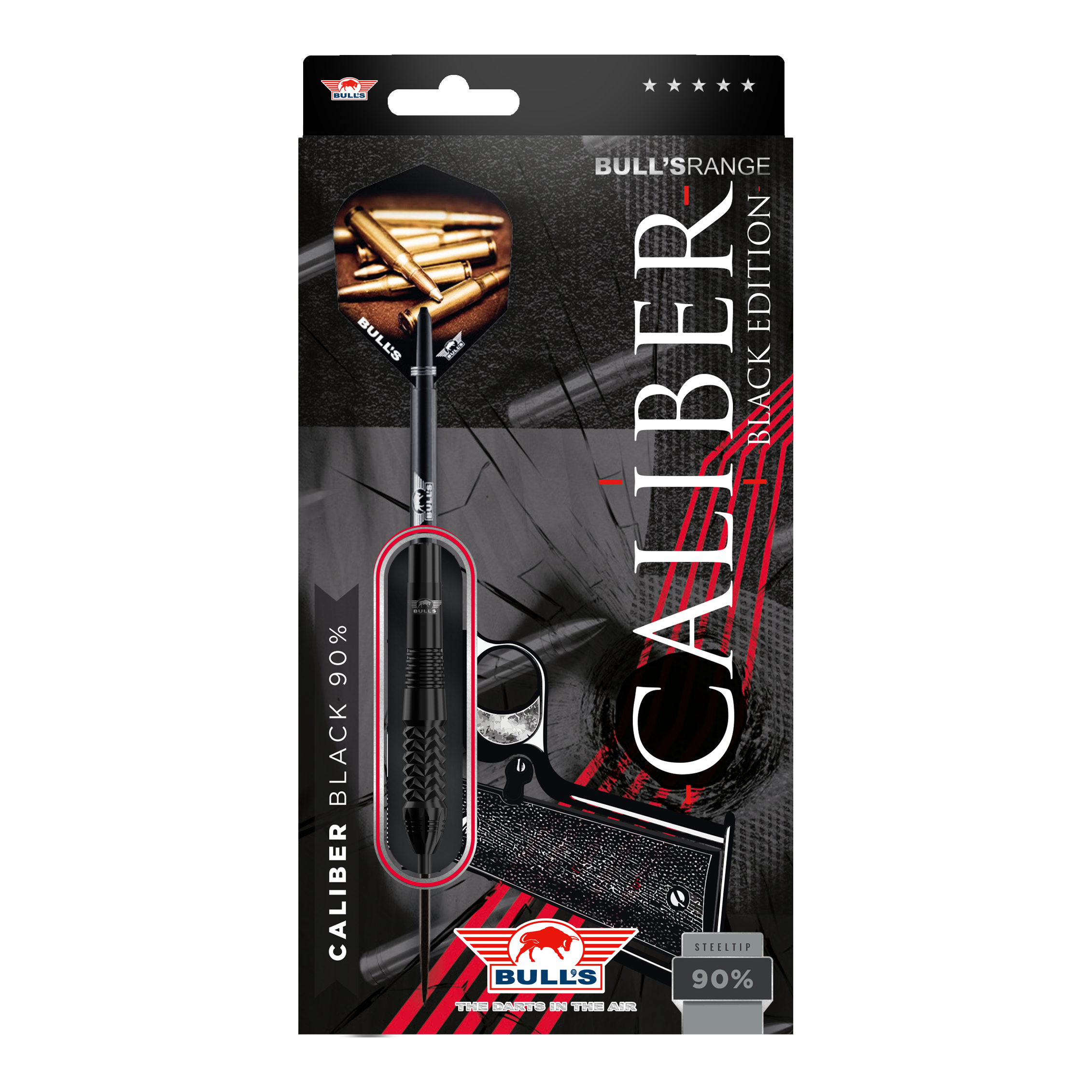 Bulls NL Caliber Black stalen darts Das Bild zeigt die Verpackung der "Bulls NL Caliber Black Steeldarts". Die Verpackung ist schwarz gestaltet und hebt die Steeldarts sowie den Schriftzug "Caliber Black Edition" hervor.