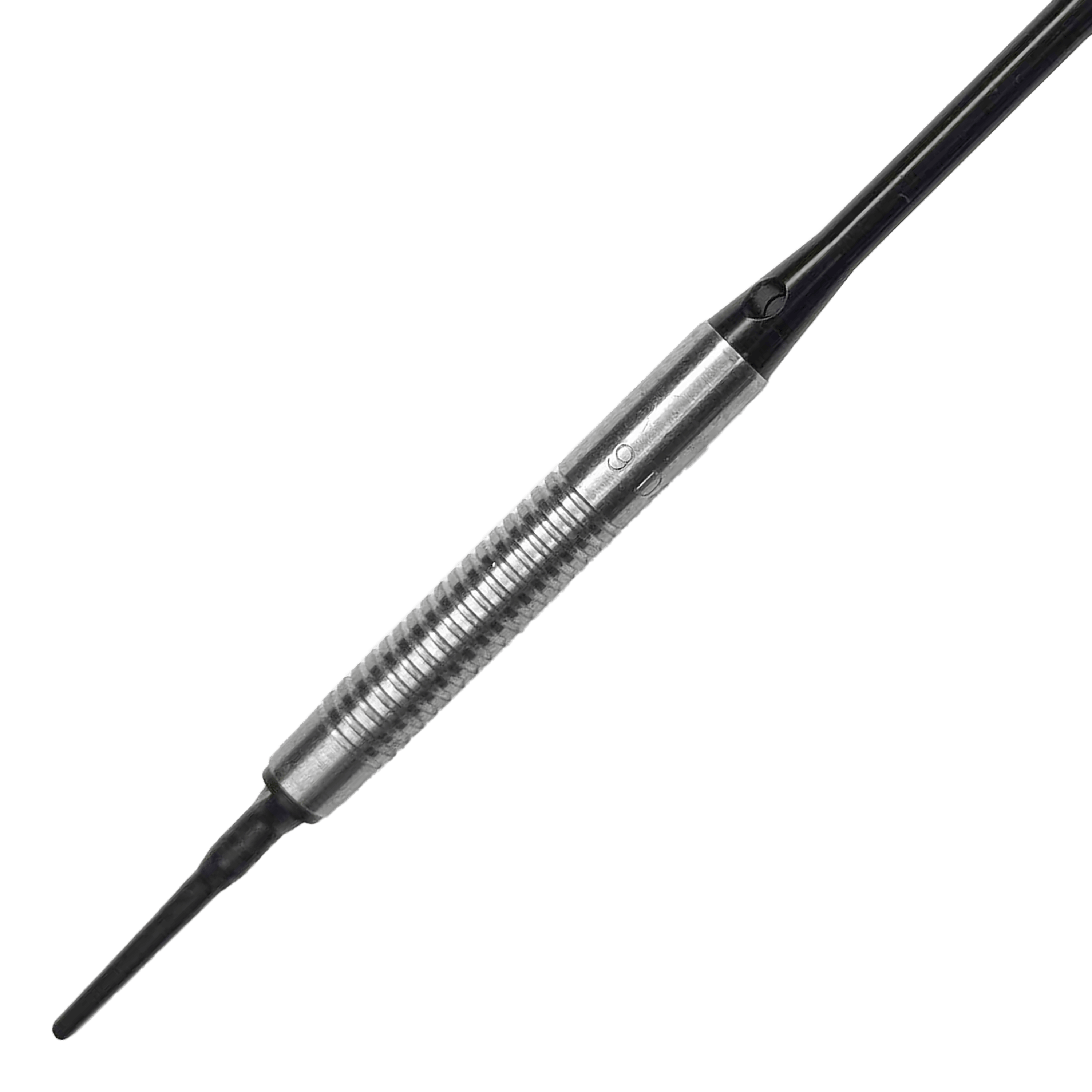 McDart 85 Tungsten V21 zachte dartpijlen - 18,5 g Das Bild zeigt einen McDart 85er Tungsten V21 Softdart mit einem Gewicht von 18,5g. Der Dartpfeil hat eine silberne, gerillte Griffzone und eine schwarze Spitze.