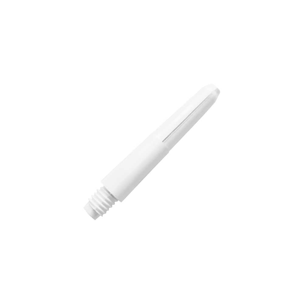 580_Nylon_Shafts_Schneeweiss_28mm_2c6JsrBXVYjGpo Auf dem Bild ist ein weißer Nylon-Schaft zu sehen. Er hat ein glattes Design mit einem Gewinde am unteren Ende.