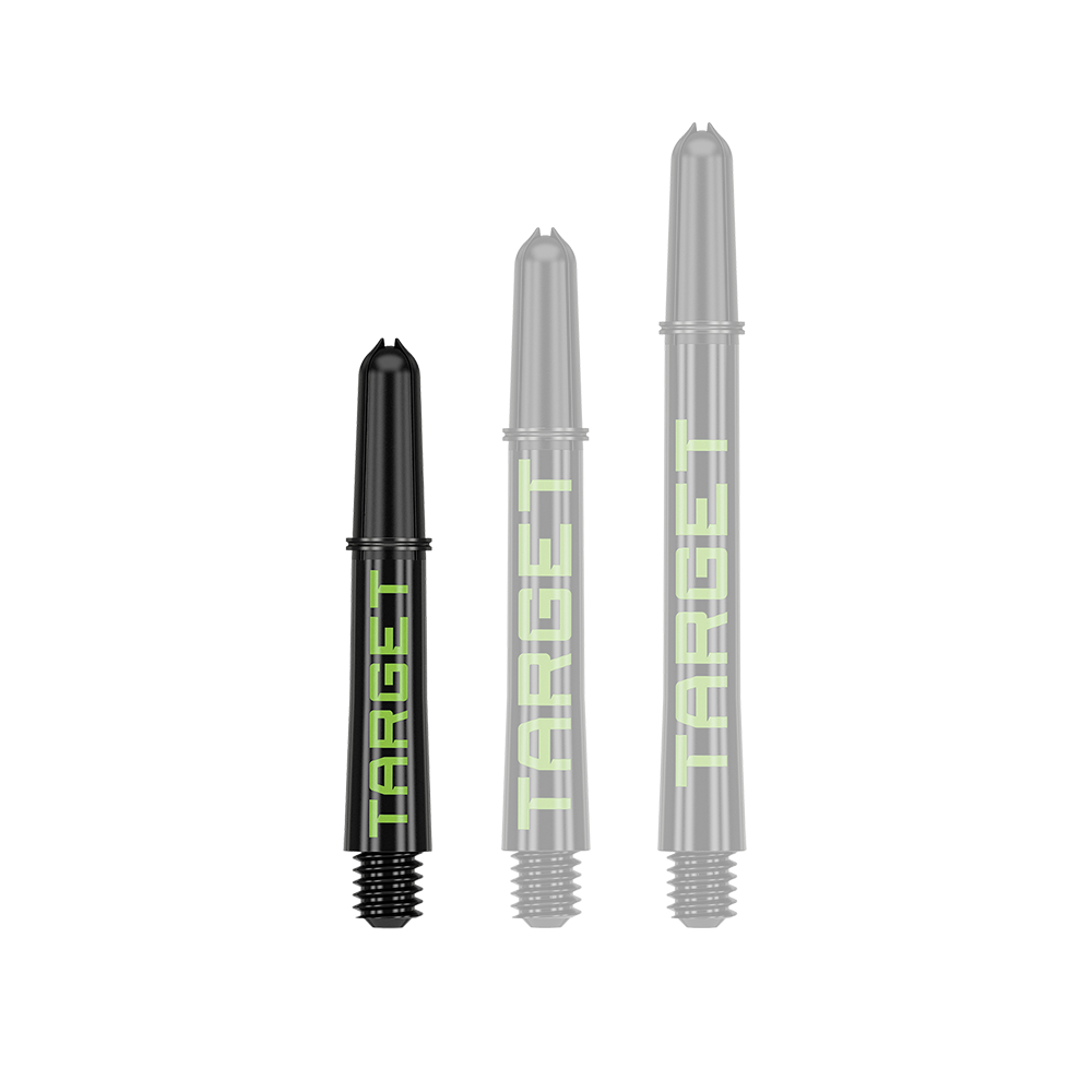 Target Pro Grip TAG Shafts - 3 Sets - Zwart Groen Das Bild zeigt drei schwarze Dart-Schäfte in verschiedenen Längen mit grünem Schriftzug "TARGET". Sie sind nebeneinander auf weißem Hintergrund angeordnet.