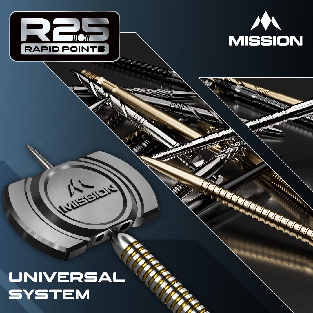 Mission R2.5 Rapid Point DSX dartpunten - zilver Die Abbildung zeigt die Mission R2.5 Rapid Point GV1 Dartspitzen in Silber. Es sind speziell designte Dartspitzen für Präzision und Haltbarkeit.