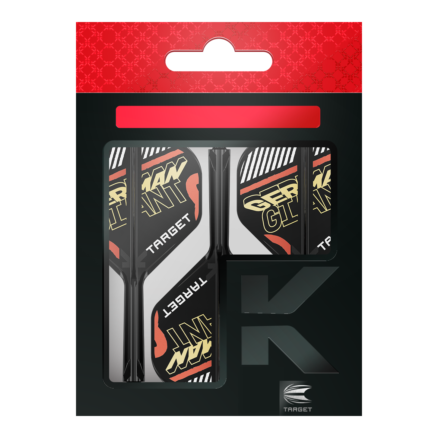Target K-Flex Gabriel Clemens No2 Standaard Vluchtas Systeem Auf dem Bild ist eine Verpackung mit Dart-Flights und Schäften der Marke Target zu sehen. Auf den Flights steht in gelber Schrift "GERMAN GIANT".