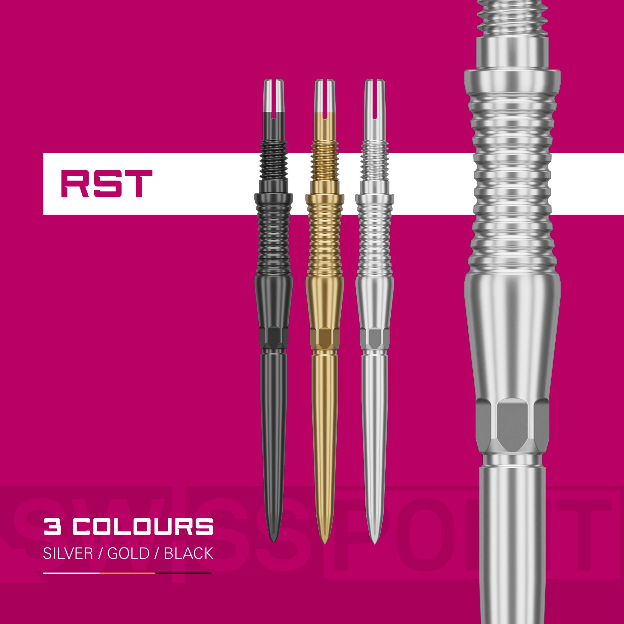 Zu sehen sind die Target Swiss Point Dartspitzen Signature RST in der Farbe Schwarz. Sie eignen sich optimal für professionelle Dartspieler.