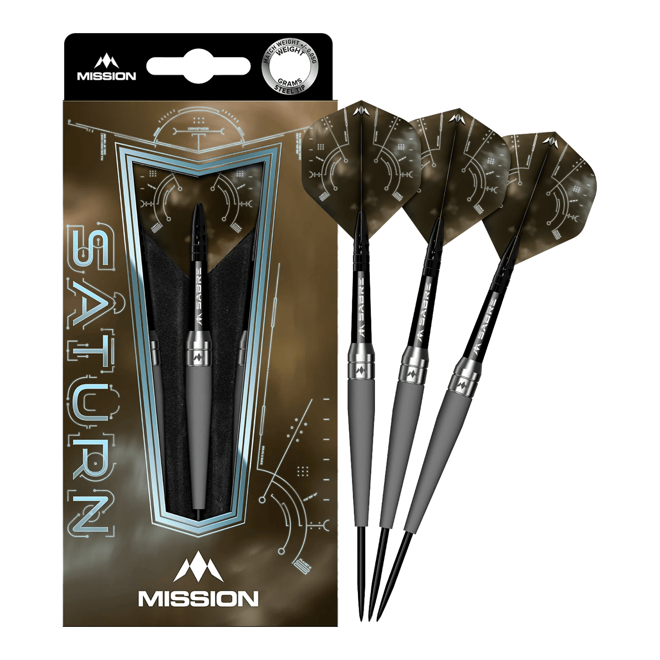 Mission Saturn Titan stalen darts Das Bild zeigt das Produkt "Mission Saturn Titan Steeldarts" in seiner Verpackung. Neben der Verpackung sind drei Steeldarts mit dunklen Flights zu sehen.