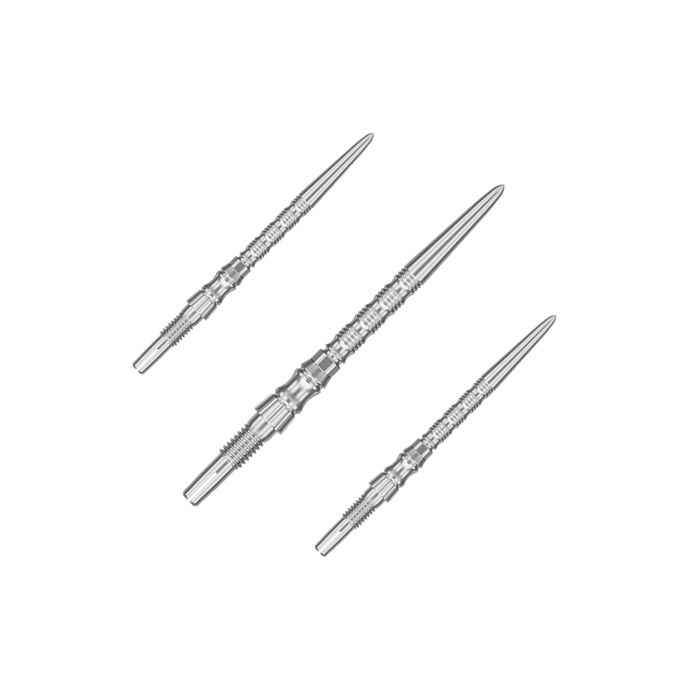 Target Signature Swiss Point TRB stalen dartpunten - zilver Mehrere silberne Dartspitzen sind nebeneinander zu sehen. Es handelt sich um ein Set der 'Target SwissPoint Signature TRB' Dartspitzen mit 30 mm Länge.