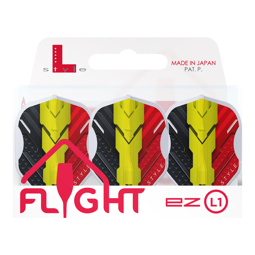 L-Style V-Serie V1 Type C België Helder Wit L1EZ Vluchten Das Bild zeigt eine Packung mit drei L-Style V-Series V1 Type C Belgium Clear White L1EZ Flights. Die Flights sind in den Farben Schwarz, Gelb und Rot gestaltet und werden in einer Verpackung mit der Aufschrift "Made in Japan" präsentiert.