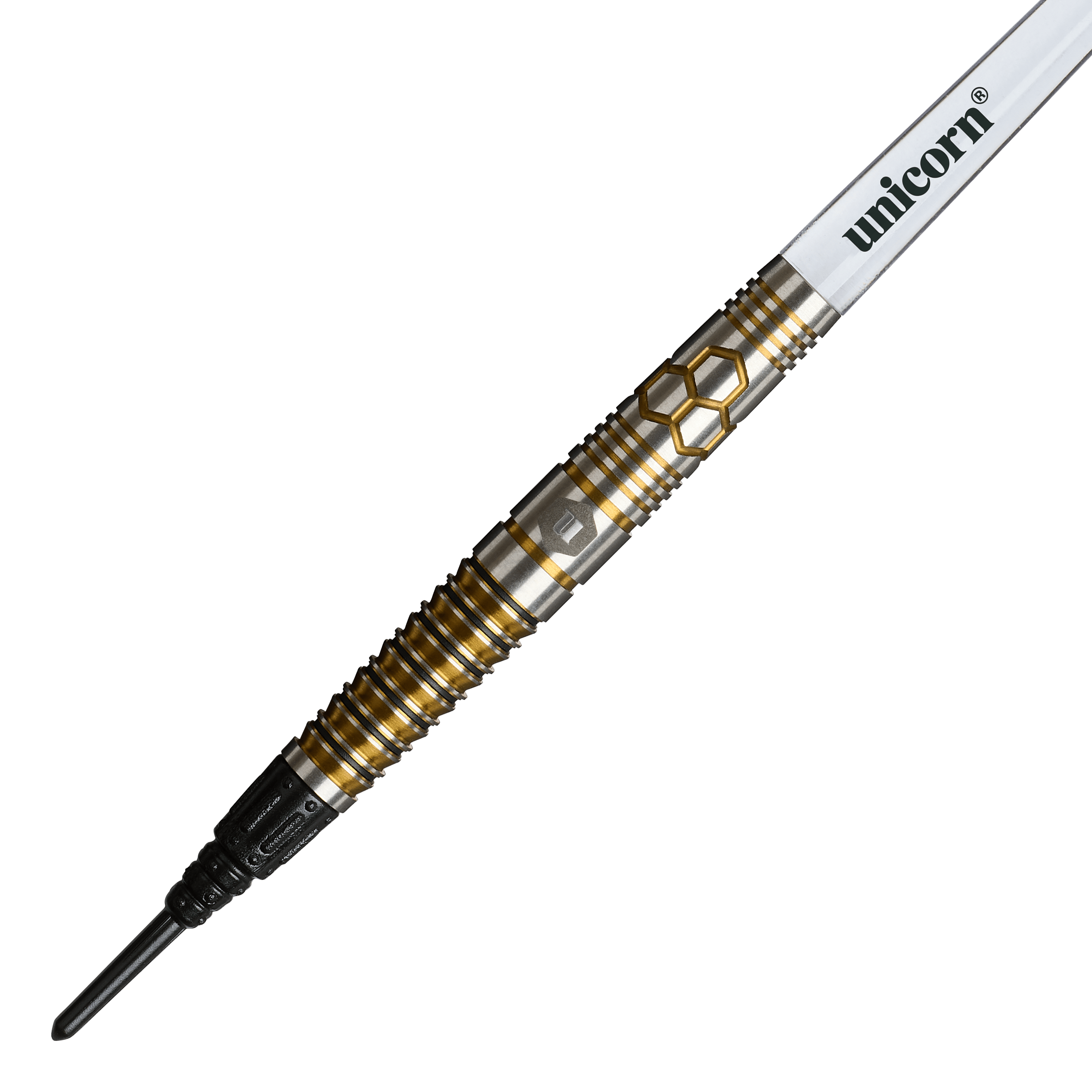 Unicorn Hexium Style 03 Goud & Zwart Soft Darts - 23 g Das Foto zeigt Unicorn Hexium Style 03 Gold & Black Softdarts, 23g. Die Darts haben ein modernes Muster in Gold und Schwarz.