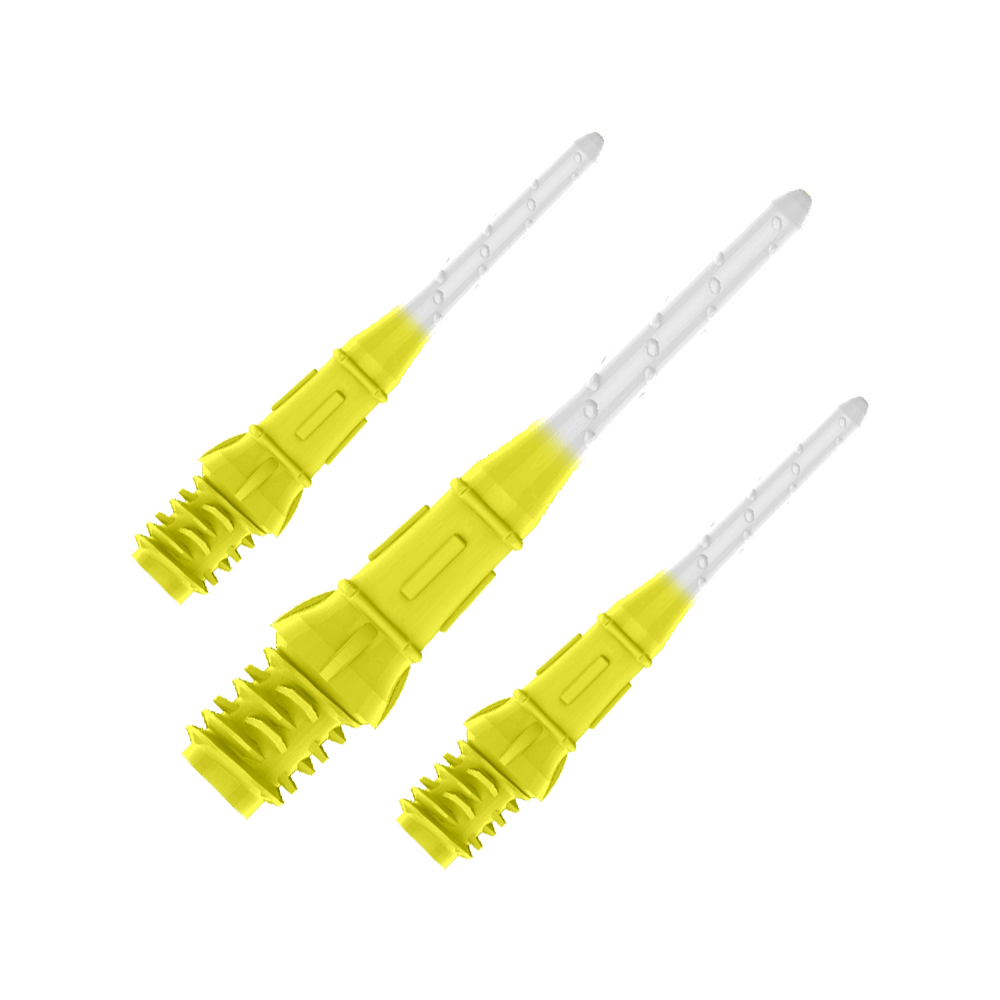 L-Style Premium Two Tone Lippoints (verpakking van 30) Auf dem Bild sind drei gelb-weiße Dartspitzen zu sehen. Sie sind nebeneinander angeordnet und wirken modern sowie hochwertig verarbeitet.